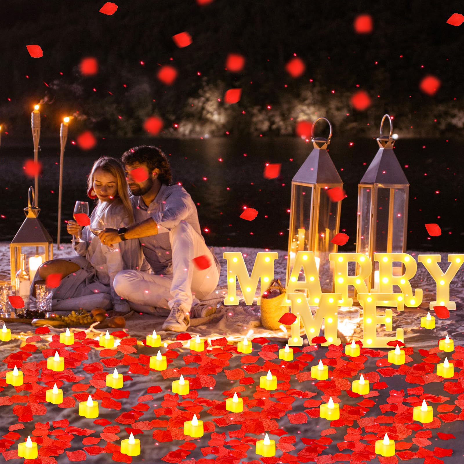 Hanaive 8128 letras iluminadas para decoración de propuesta de matrimonio, 7 piezas de letrero de cásate conmigo con 120 velas románticas de corazón, 8000 pétalos de rosa, 1 luz nocturna romántica USB