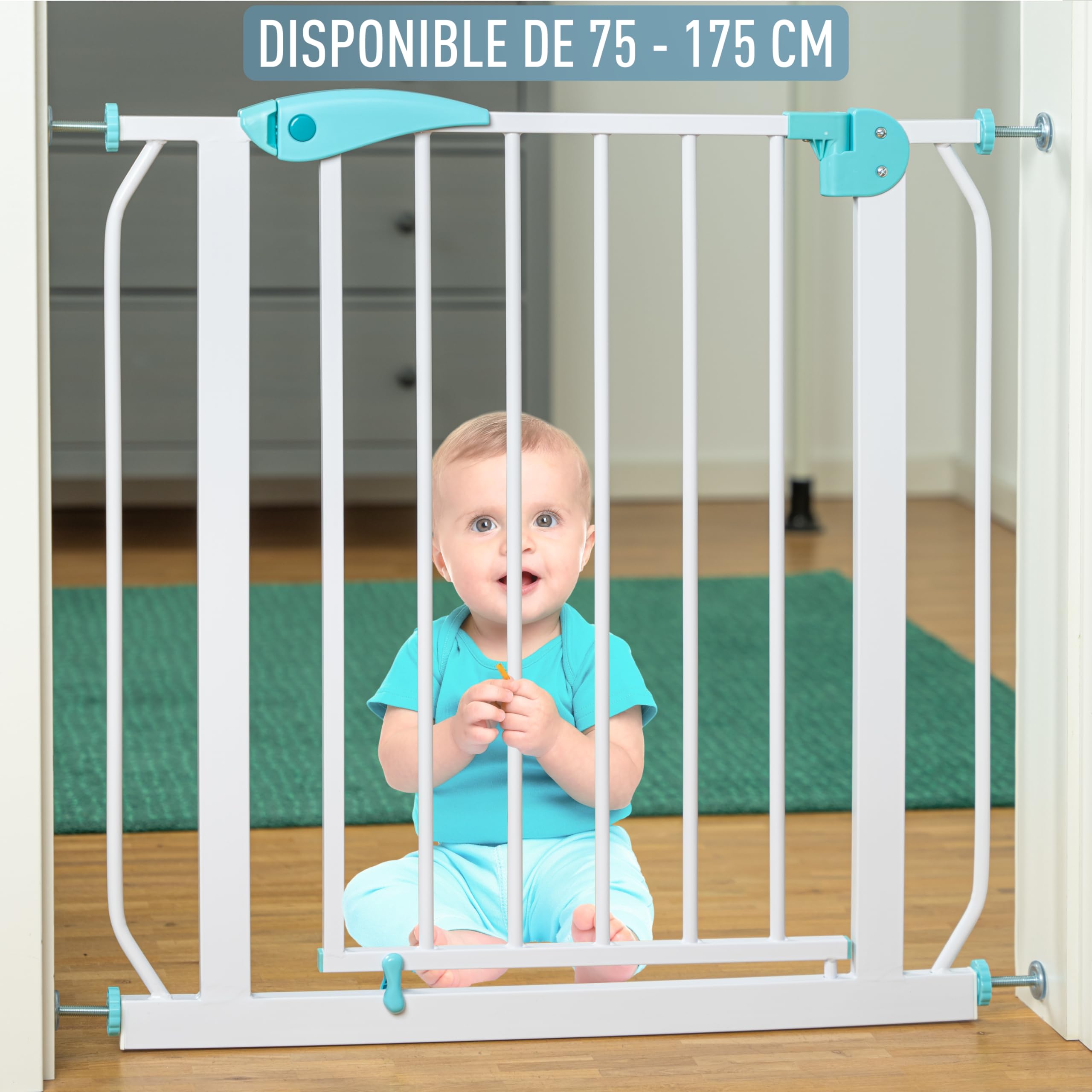 IB STYLE Barrera de Seguridad Berrin - Valla de Escalera, Sin Tornillos, Apertura Bidireccional, Fácil Instalación, Bebés y Niños, Turquesa, Ancho: 115-125 cm