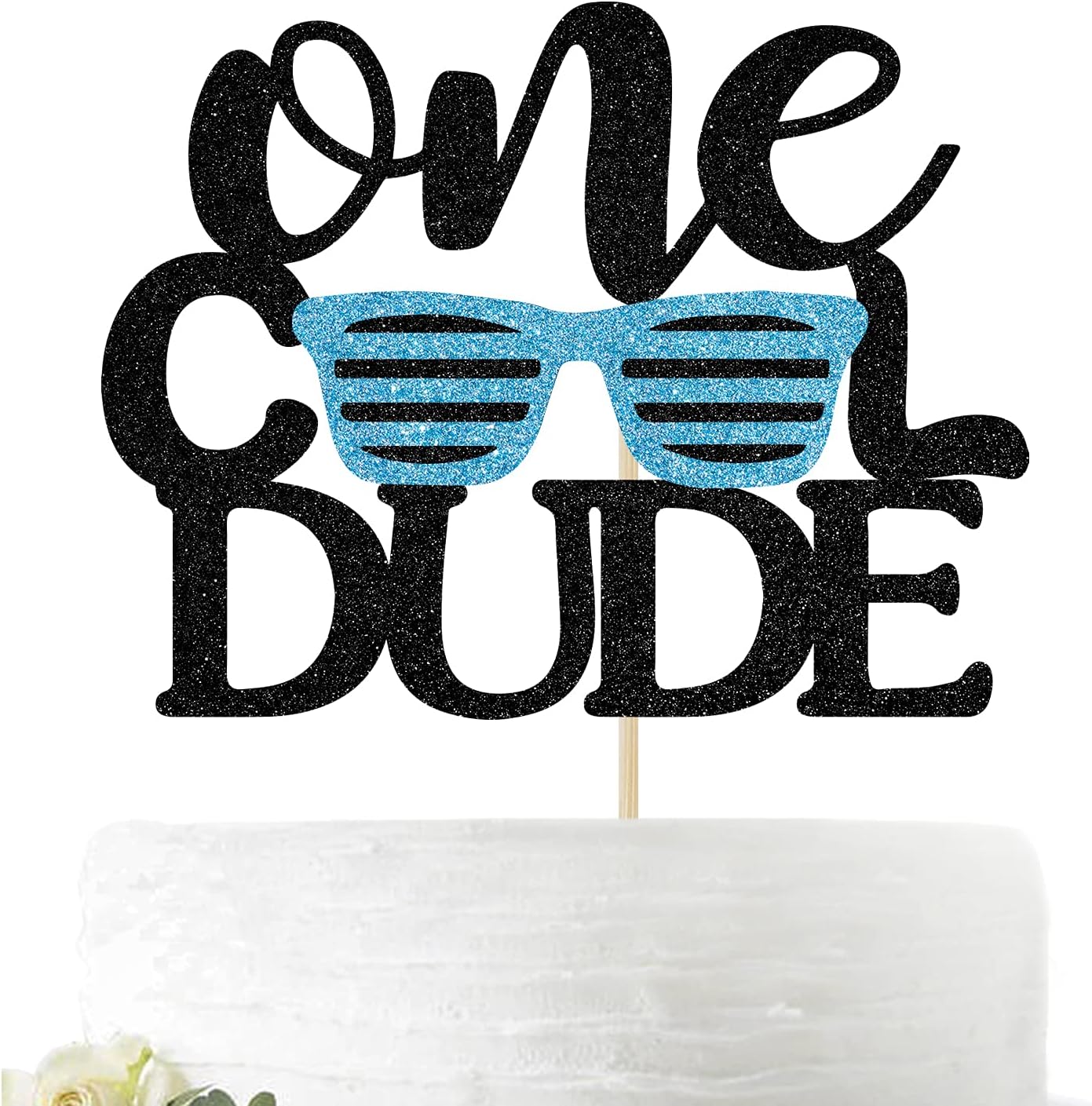 One Cool Dude Cake Topper - Baby Boy 1st Birthday Cake Decoration - Birthday Dude Photo Props(Black and Blue)