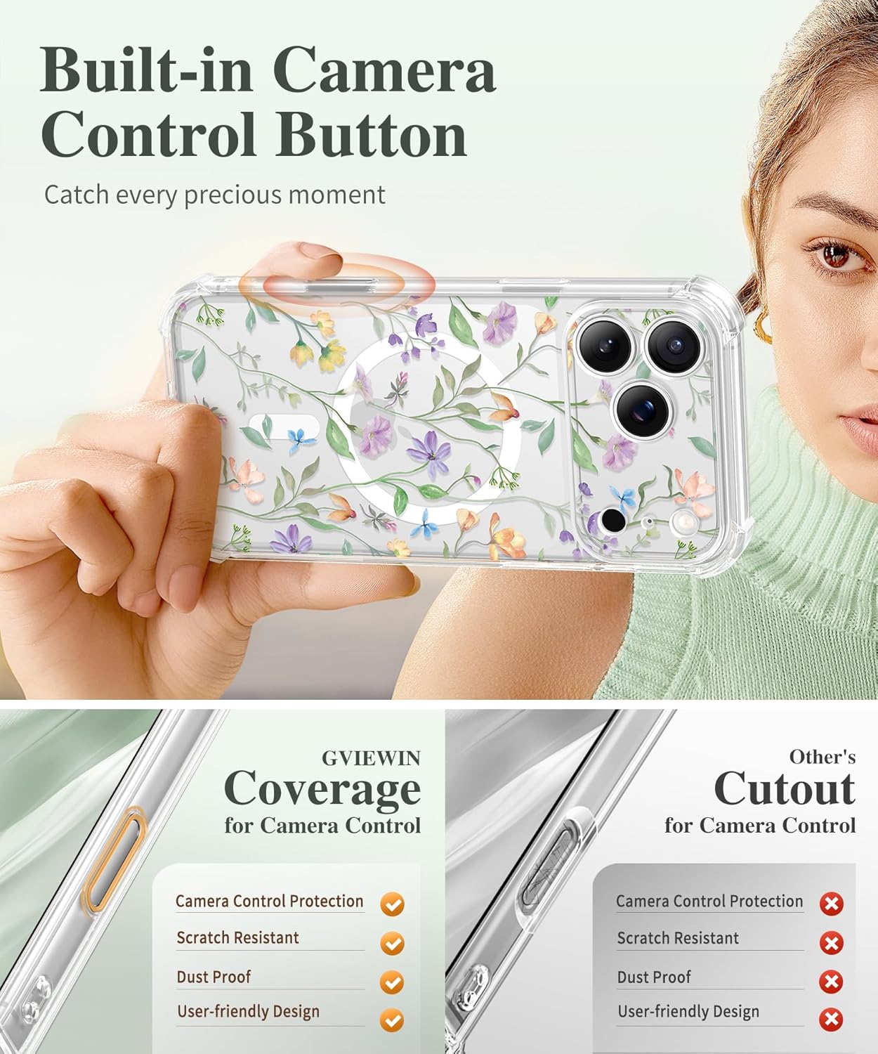 GVIEWIN for iPhone 17 Pro Max Case Compatible with MagSafe, with Screen Protector Upgraded [Full Camera Protection] [Non Yellowing] Floral Slim Shockproof Clear Women Phone Cover (Bindweed/Colorful) - Image 5