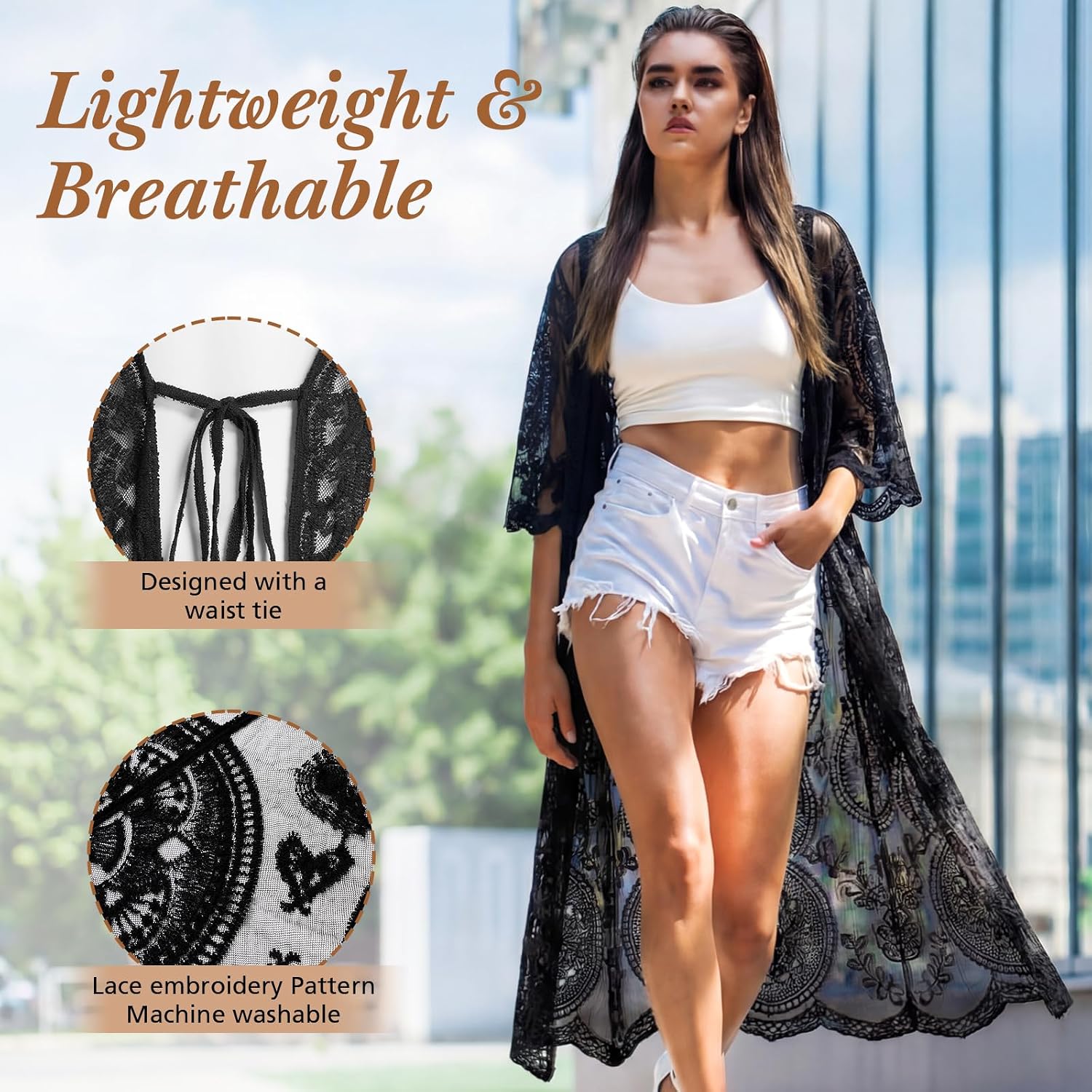 Kimonos for Women Lace Cardigan Swimsuit Cover up Summer Kimono Cardigan Open Front Sheer Long Boho Coverup
