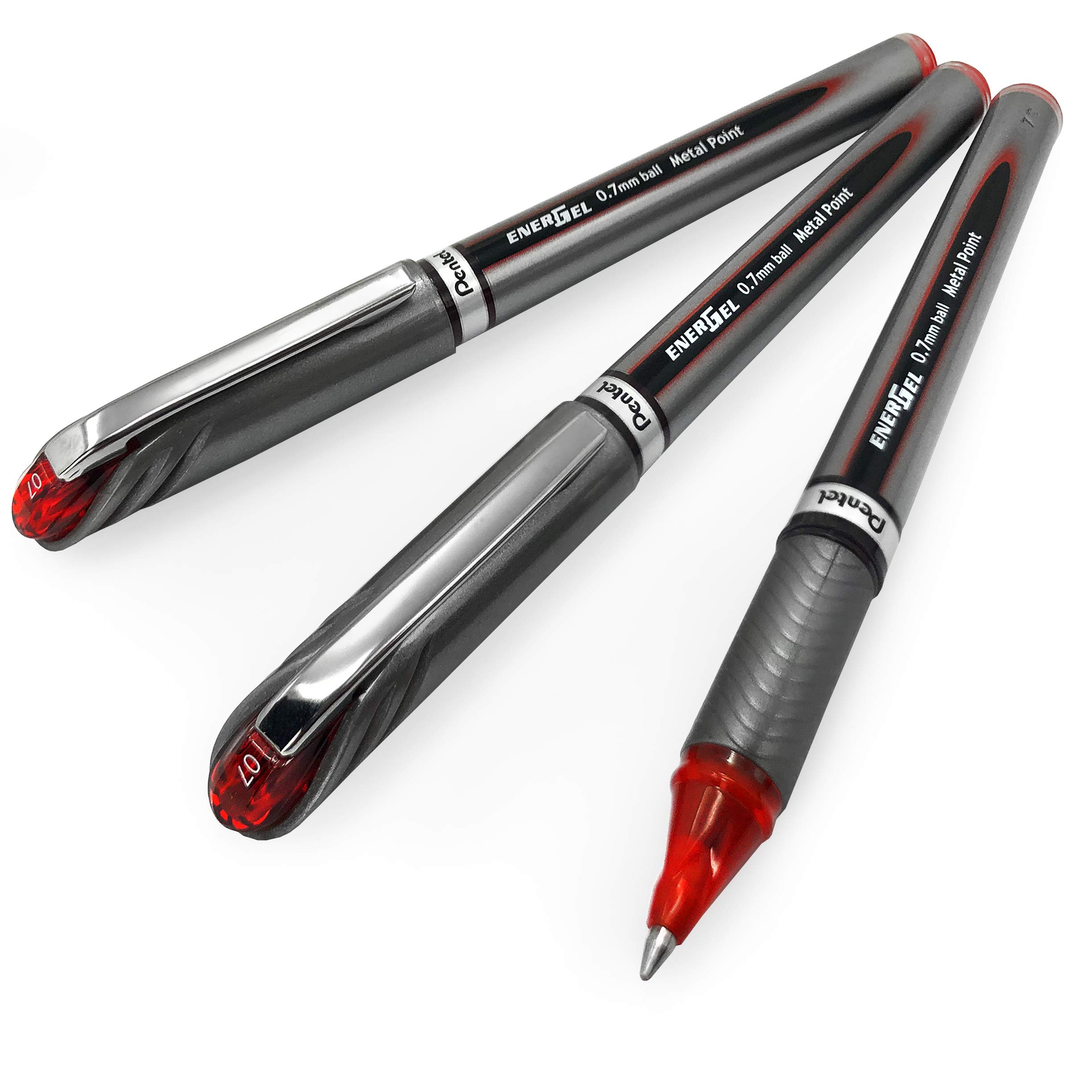 Pentel Energel BL27 Liquid Gel Ink Rollerball Pen - 0.7mm Metal Tip - Pack of 3 - Red Ink