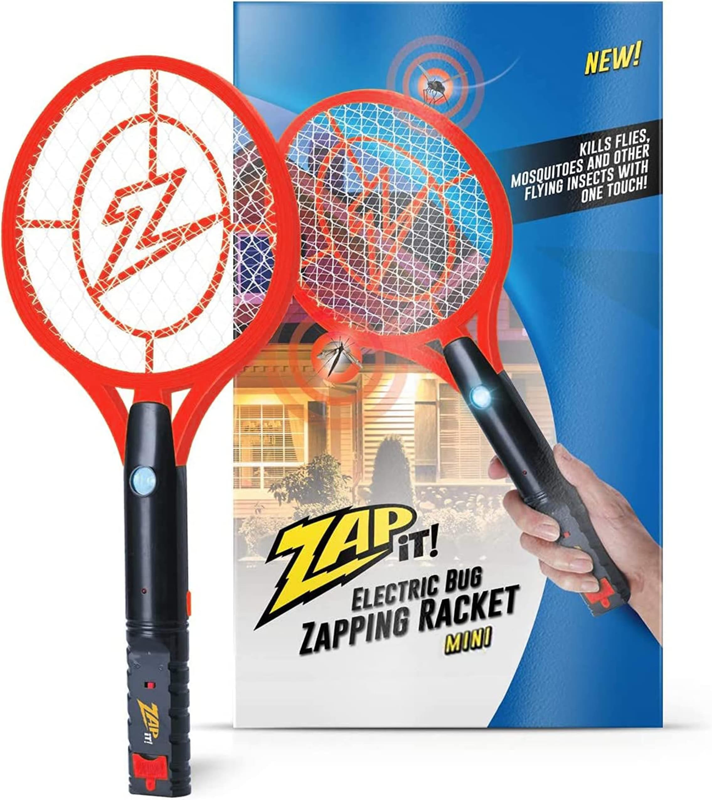 ZAP IT! Electric Bug Zapping Racket Mini – Rechargeable Fly Swatter & Mosquito Killer with 4,000 Volt Power, USB Charging Cable Included – Indoor & Outdoor Electric Bug Zapper – Red