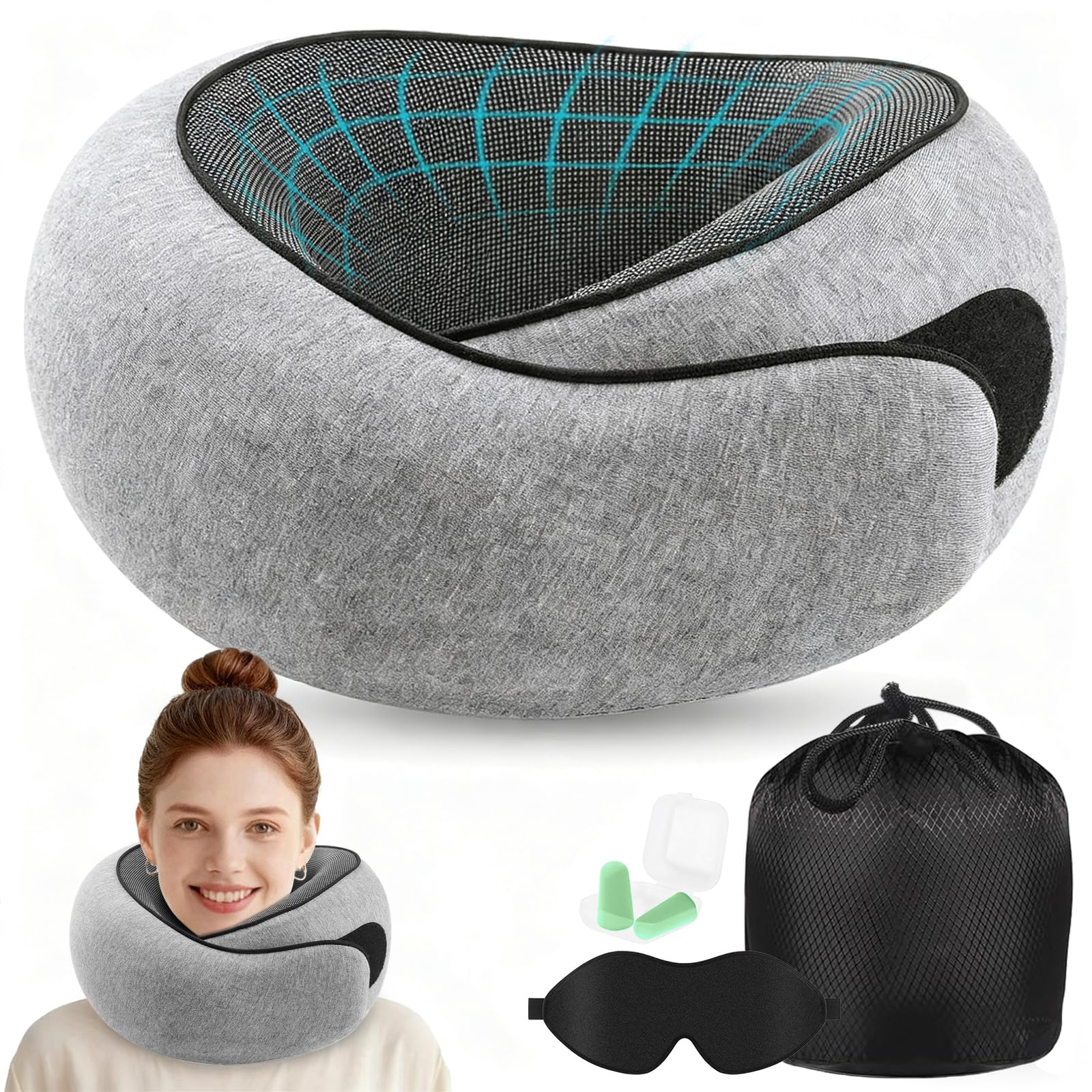 Coussin de voyage ergonomique en mousse à mémoire de forme pour le cou avec kit complet de transport