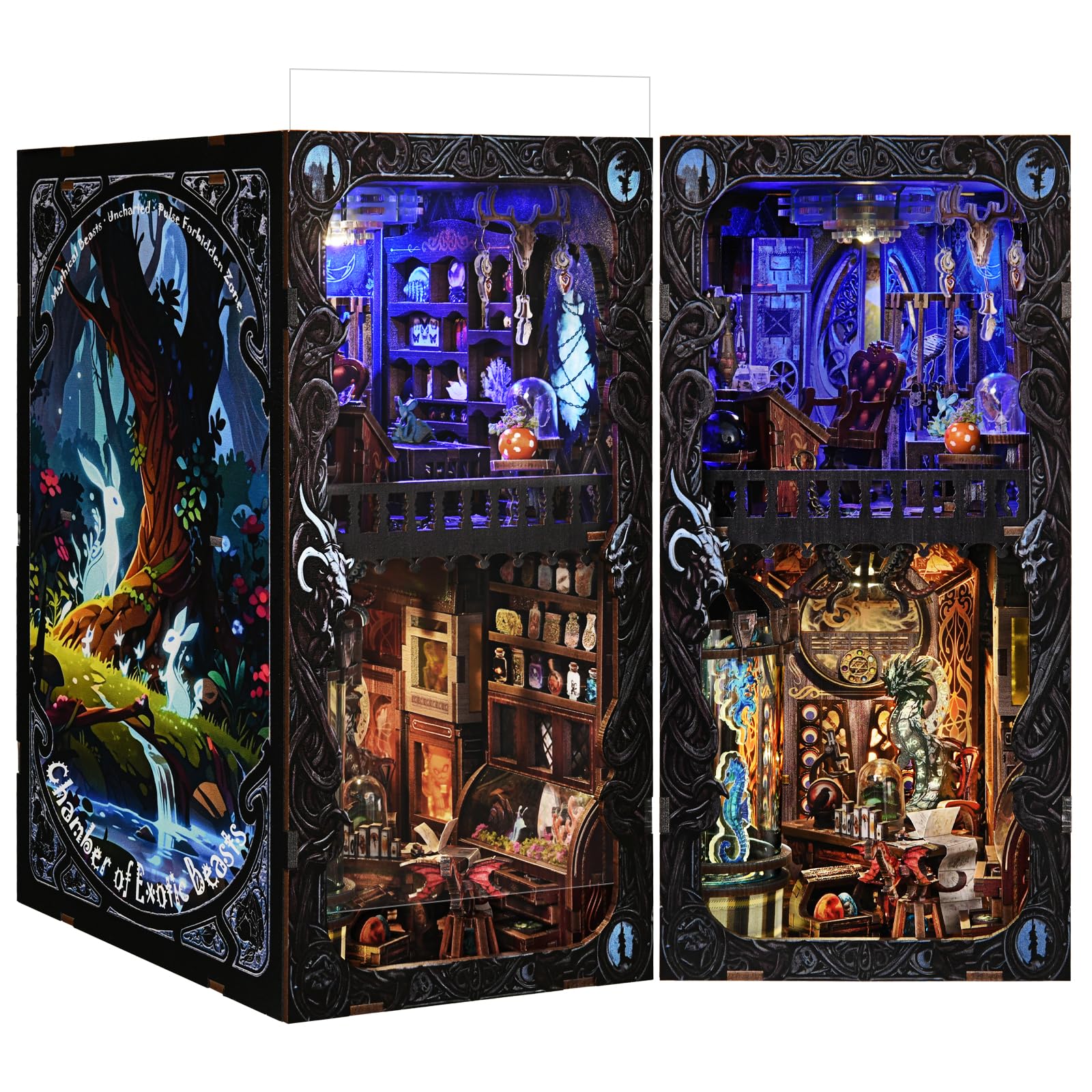 Book Nook Zestaw DIY 3D Drewniana Układanka Miniaturowy Domek Insert na Półkę Dekoracyjny Model Alley Magiczne Stworzenia