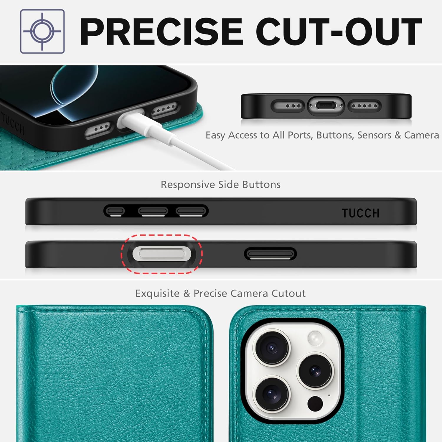 TUCCH Case for iPhone 16 Pro, PU Leather Folio Wallet with [Kickstand] RFID Blocking 3 Card Slots Flip Book Cover [Protective TPU Interior Case] Compatible with iPhone 16 Pro 5G 2024, Cyan