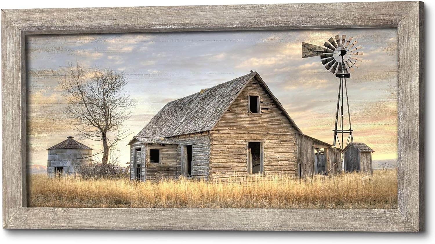 Sunset Farmhouse Framed Wall Art: Weathered Barn Picture Prints Countryside Windmill Painting Rustic Wooden Artwork for Bedroom Country Home Decor