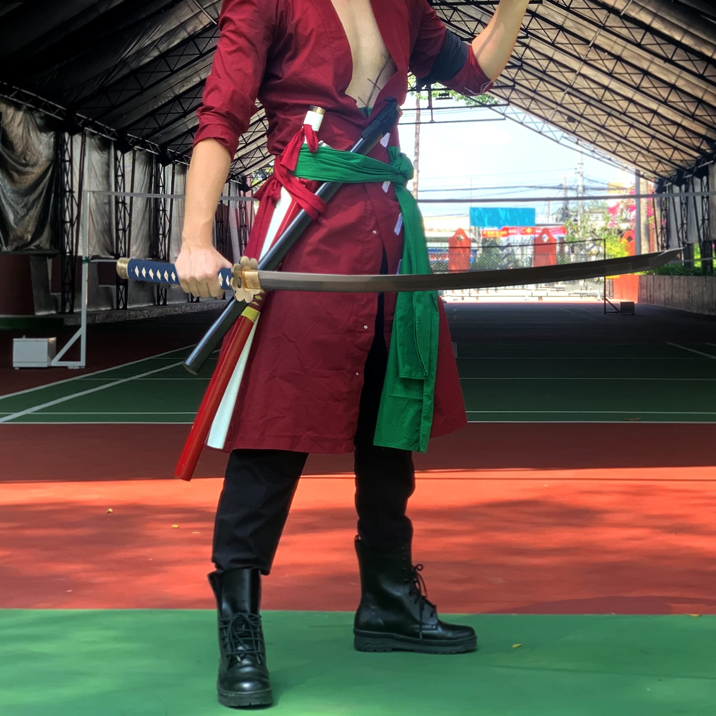 Swords and more One Piece - Roronoa Zoro Katana - gefaltet - Set, Shusui Schwert, Samurai Schwerter scharf echt, handgeschmiedeter Edelstahl mit Scheide, Schwertpflegeset für Zoro Cosplay One Piece