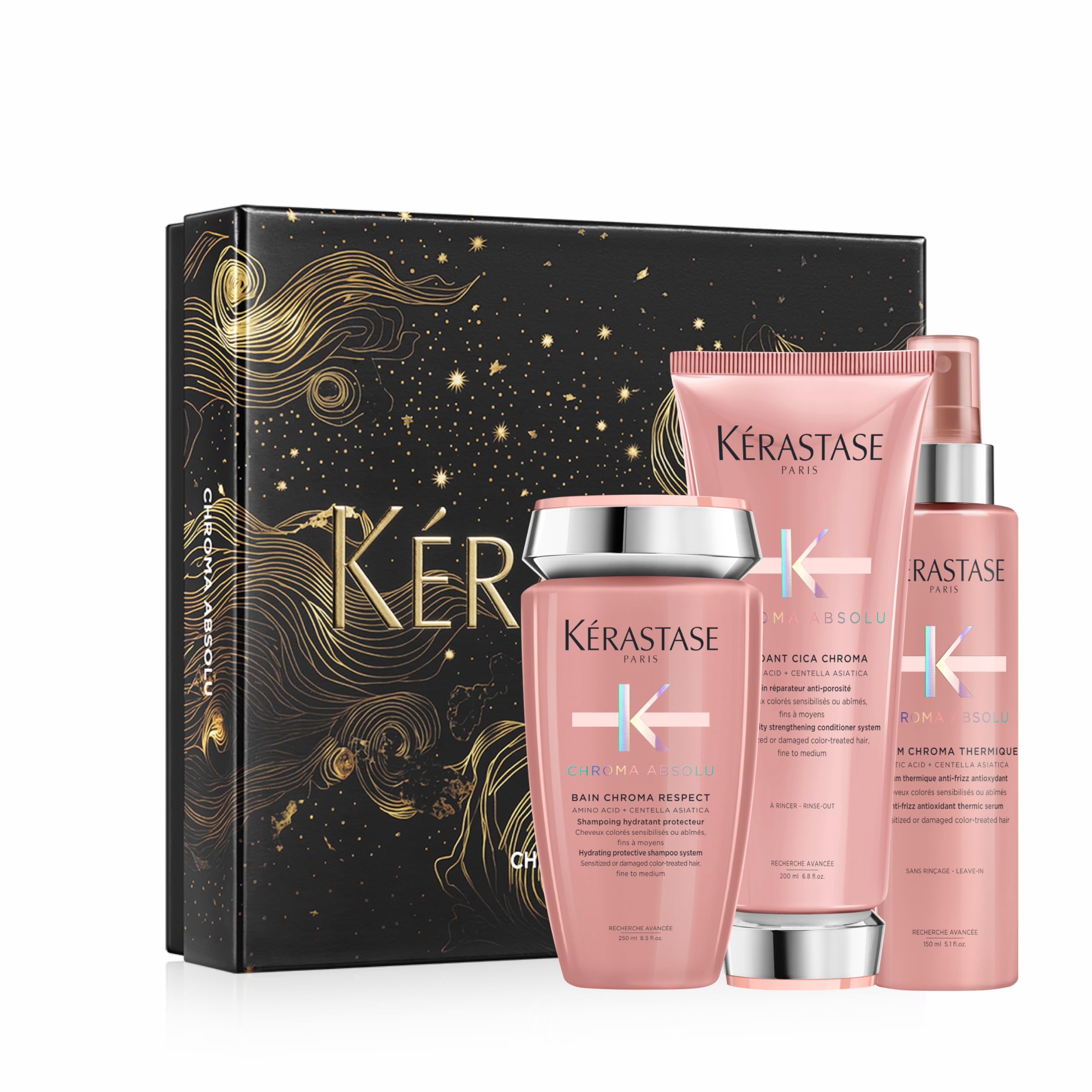 Kérastase Chroma Absolu zestaw upominkowy do włosów farbowanych, zawiera: Bain Chroma Respect 250 ml, fondant Cicachrome 200 ml, Sérum Chroma Protect 150 ml