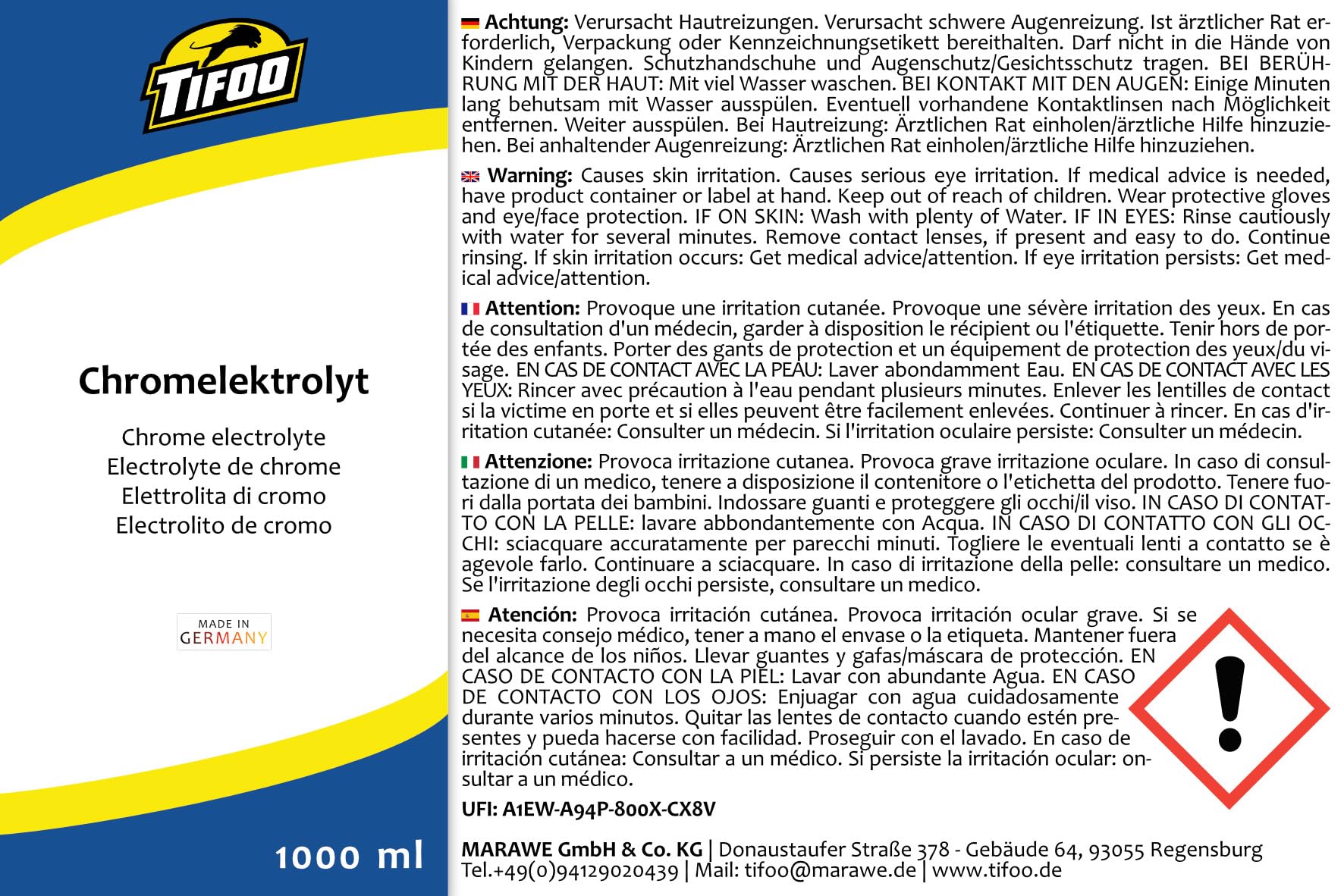 Tifoo Electrolyte de chrome (1000 ml) - Chromage galvanique, galvanoplastie au stylet