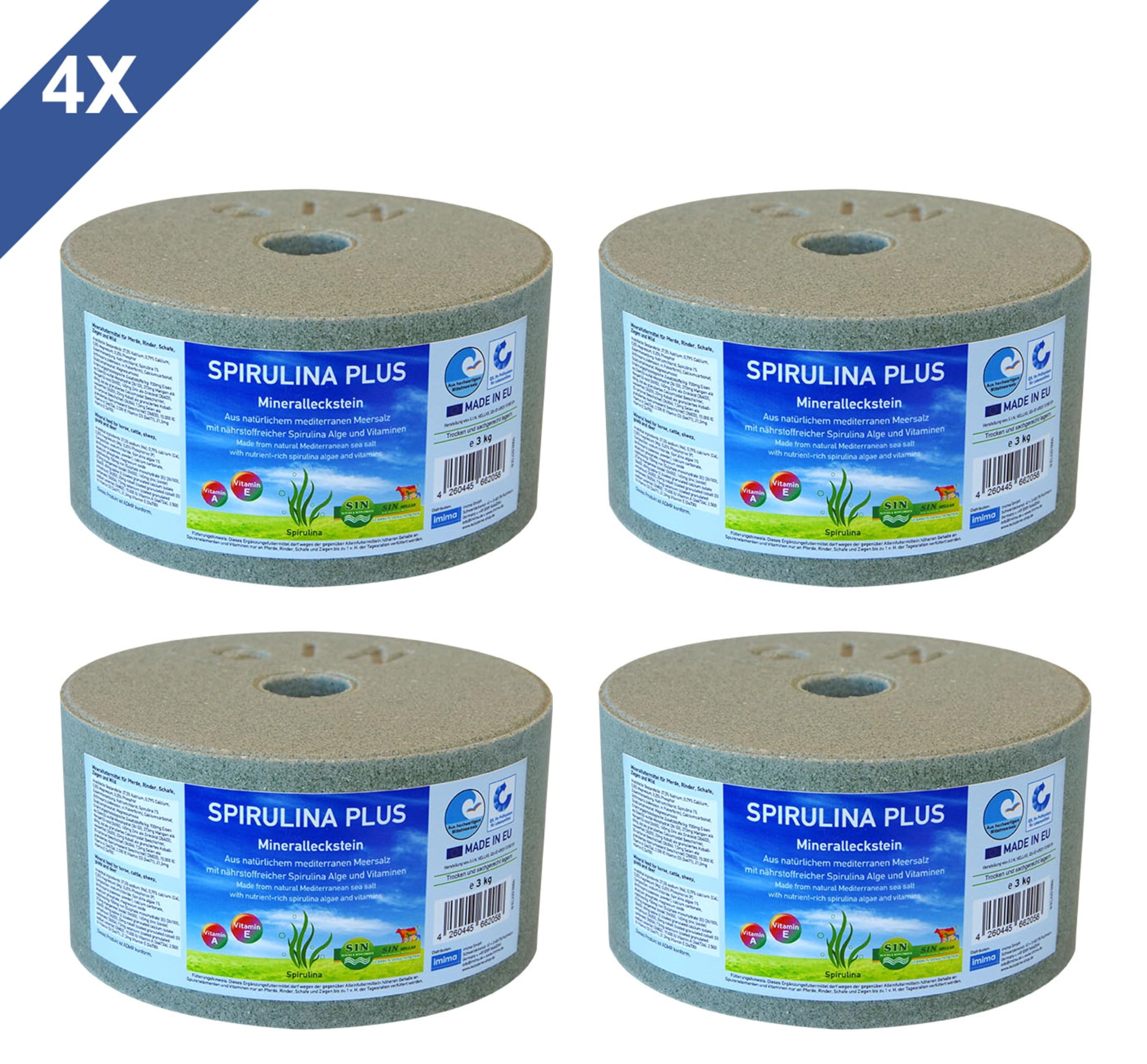 Pietra di sale per cavalli SPIRULINA Plus Set 4 x 3 kg – cibo minerale per cavalli con spirulina a base di sale marino senza melassa – Accessori per cavalli per supporto di pietre – Pietra