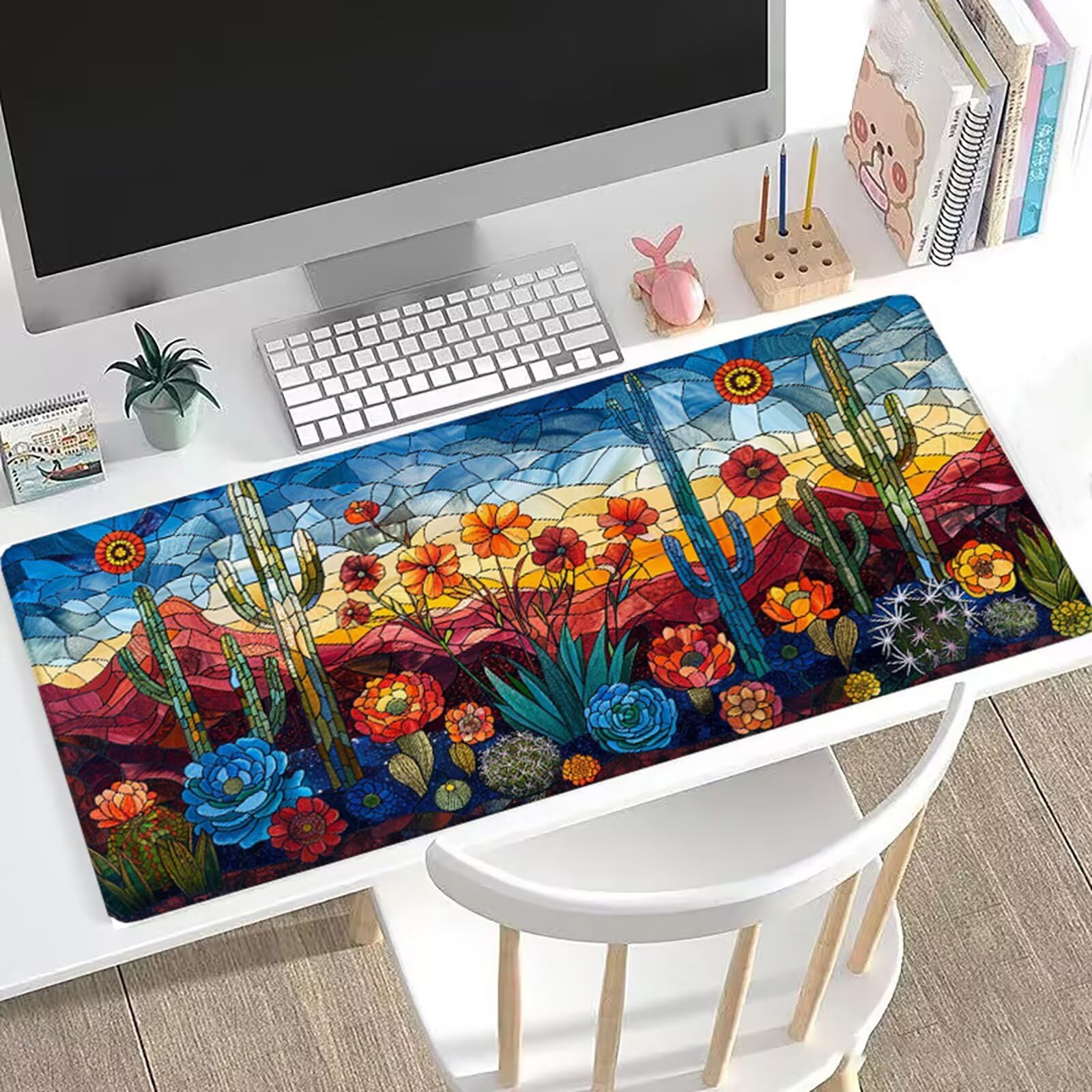 Gamingowa podkładka pod mysz, kaktus, XXL, 120 x 60 cm, różowa, podkładka na biurko, zoptymalizowana precyzja i prędkość, z gumowaną antypoślizgową podstawą, mata na biurko dla graczy, klawiatura H0