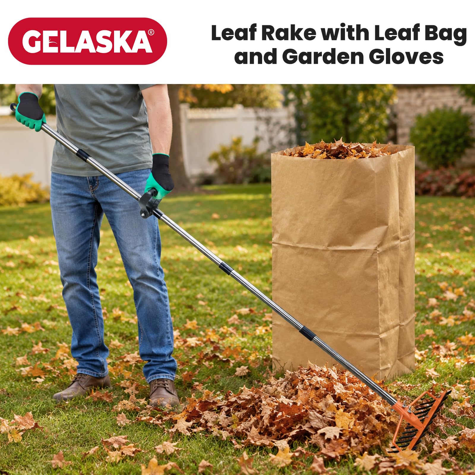 GELASKA Rastrello per foglie con borsa per foglie e guanti da giardino per