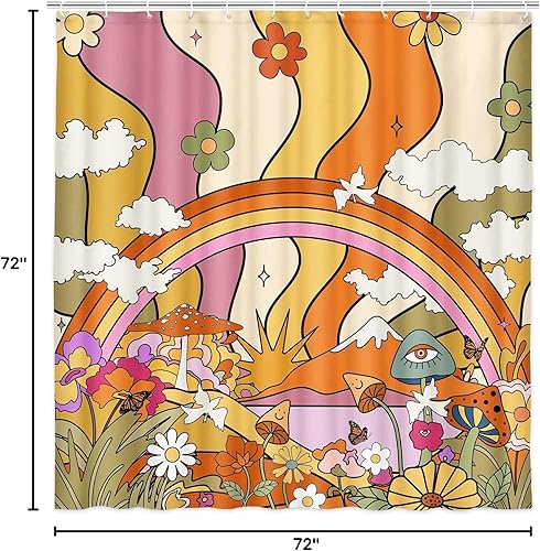 Miniatura 8 de Cortina de ducha estilo japonés, estilo retro, bohemio, con diseño de hongos y flores, estilo japonés, juego de cortina de ducha estética con