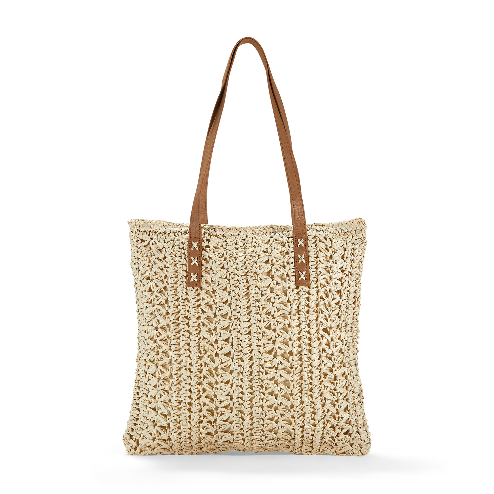 Woodland Leathers Bolso de hombro de paja para mujer, mediano y grande, bolsa de playa de verano con cremallera, asas de cuero duraderas, bolsa de hombro para mujer con estilos y colores versátiles