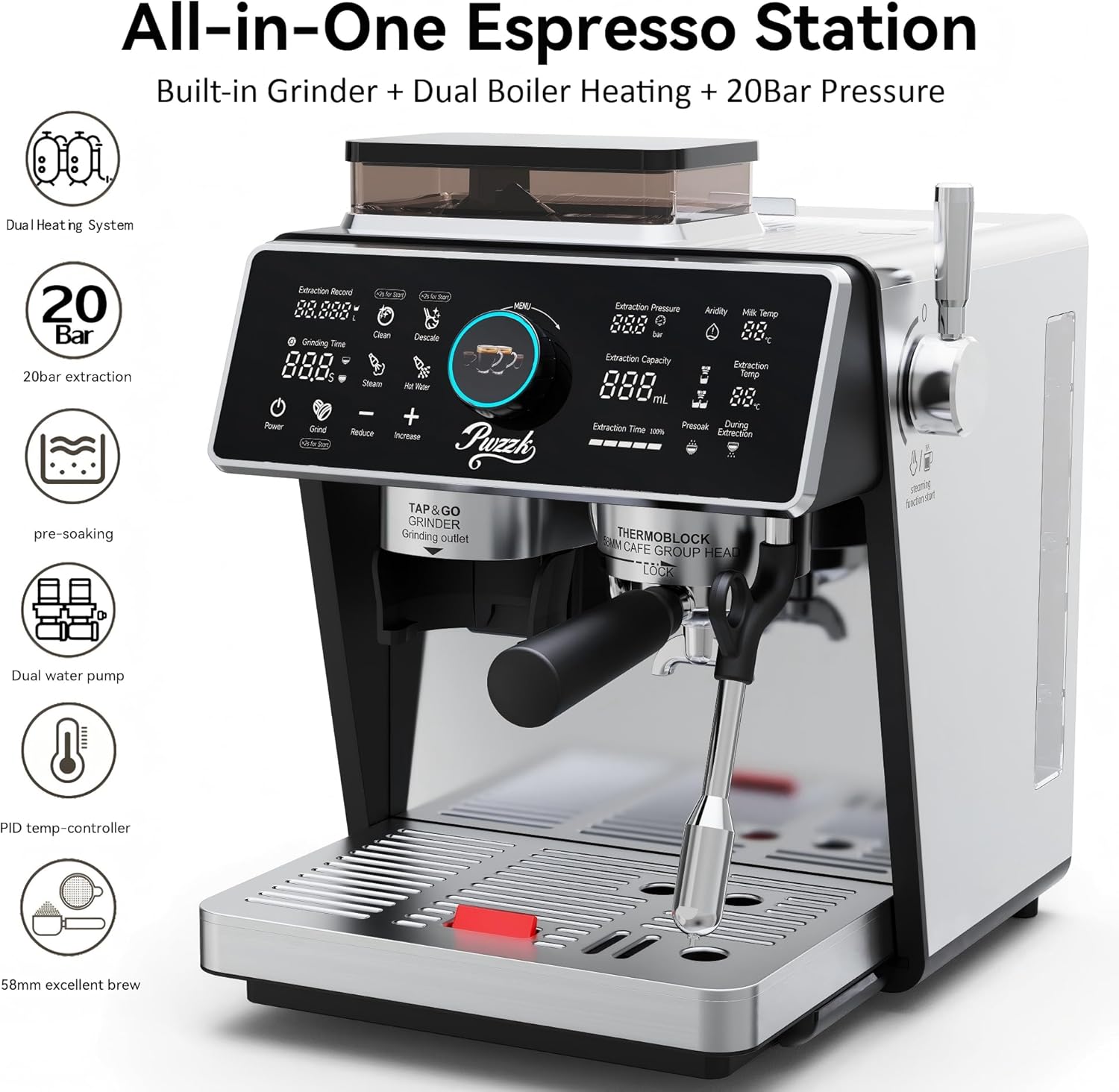 Dual Boiler Semi-Automatic Espresso Machine with Built-in Grinder, 58mm Portafilter, TFT Display & Milk Frother Steam Wand – Professional Coffee Maker for Home Barista