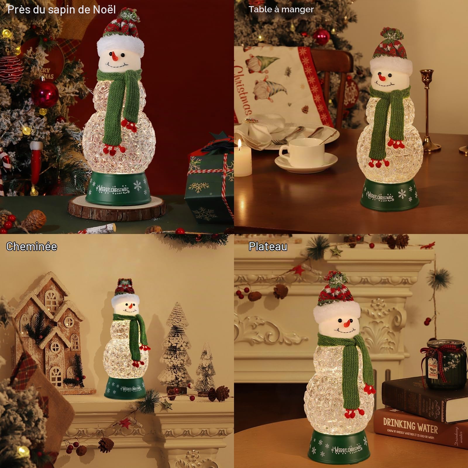 Lewondr Boule à Neige de Noël Bonhomme de Neige avec Écharpe Vert, Paillettes Tourbillonnantes et 8 Chansons - Écharpe Rayée, Lanterne, Décoration pour Les Fêtes de Fin d'Année