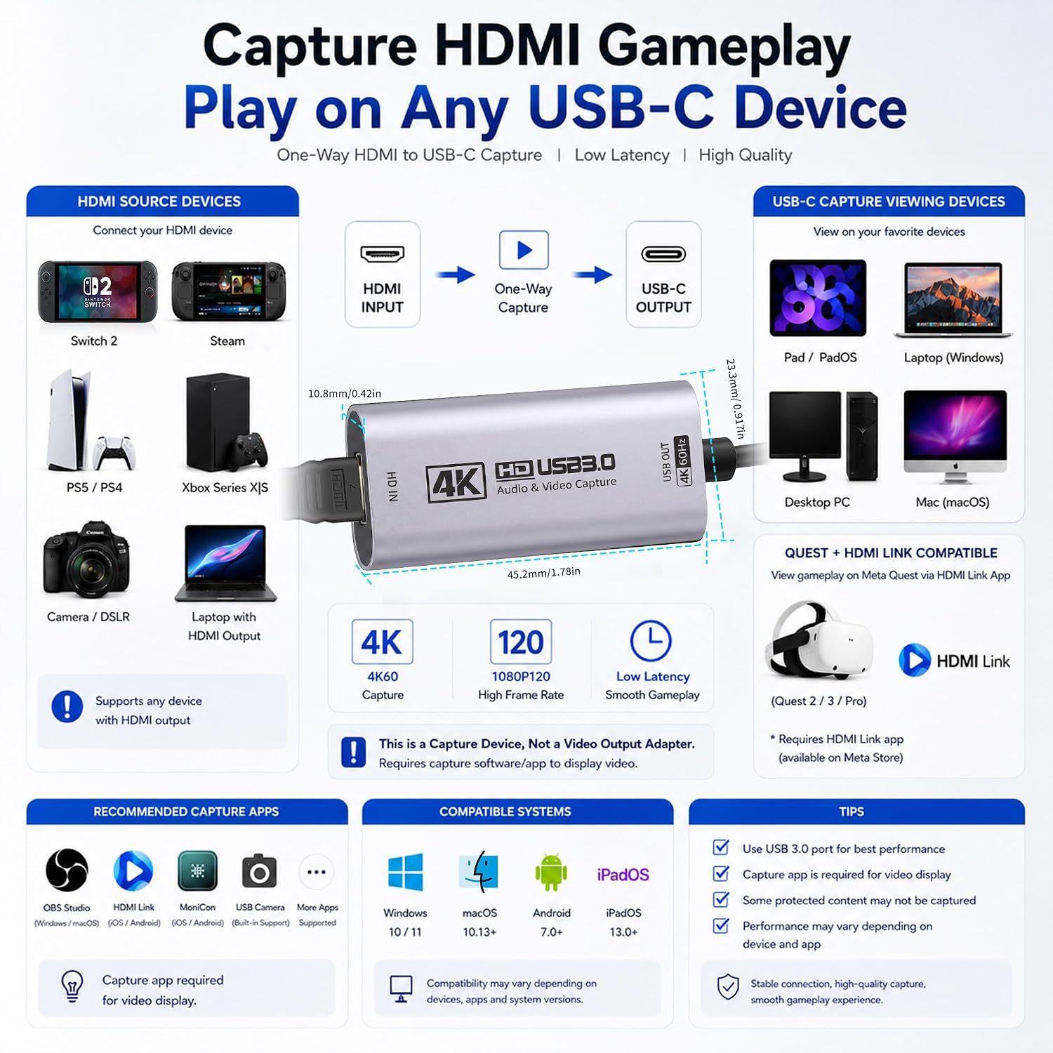 Guermok 4K@60FPS Video Capture Card, 90° USBC Cable, 3.3ft USB 3.0 Capture image 3