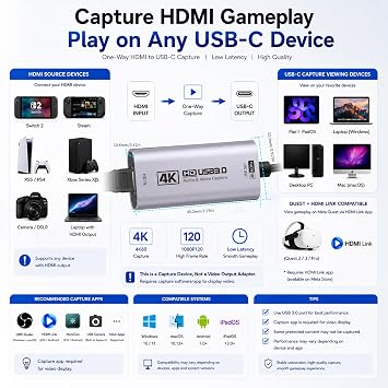 Guermok 4K 60FPS Video Capture Card, L-Shaped USBC, 3.3ft, 1080P 240FPS USB3.0 HDMI to USB A/C Capture Card for Streaming, Works with Pad/Mac OS/PC, Quest 3, OBS, PS4/5, Switch2/1, Xbox/Camera