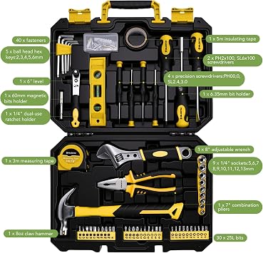 BLOSTM 100 Piece Tool Kit - Home Tool Set (Yellow/Black) | Essential Hand Tools for DIY, Home Repairs, Portable Plastic Tool Box with Hammer, Pliers, Screwdrivers, Hex Keys & More