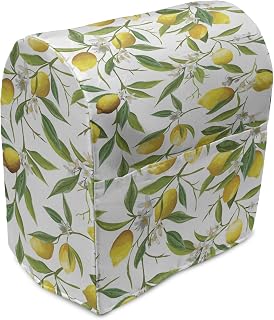 Nature Stand Mixer Cover, Flowering Lemon Woody Plant Romance Habitat Citrus Fresh Background, Kitchen Appliance Organizer Bag Cover with Pockets, 6-8 Quarts, Fern Green Yellow White