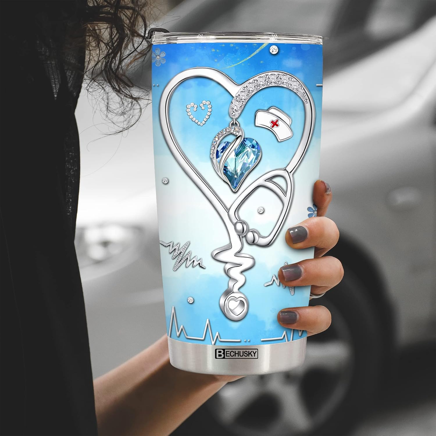 BECHUSKY Nurse Tumbler Nurse Nutrition Facts Tumbler Heartbeat Stethoscope Jewelry 3D Travel Medical Healthcare Gift For Coworker Nursing Women RN LPN On Holiday Birthday Anniversary Christmas Blue