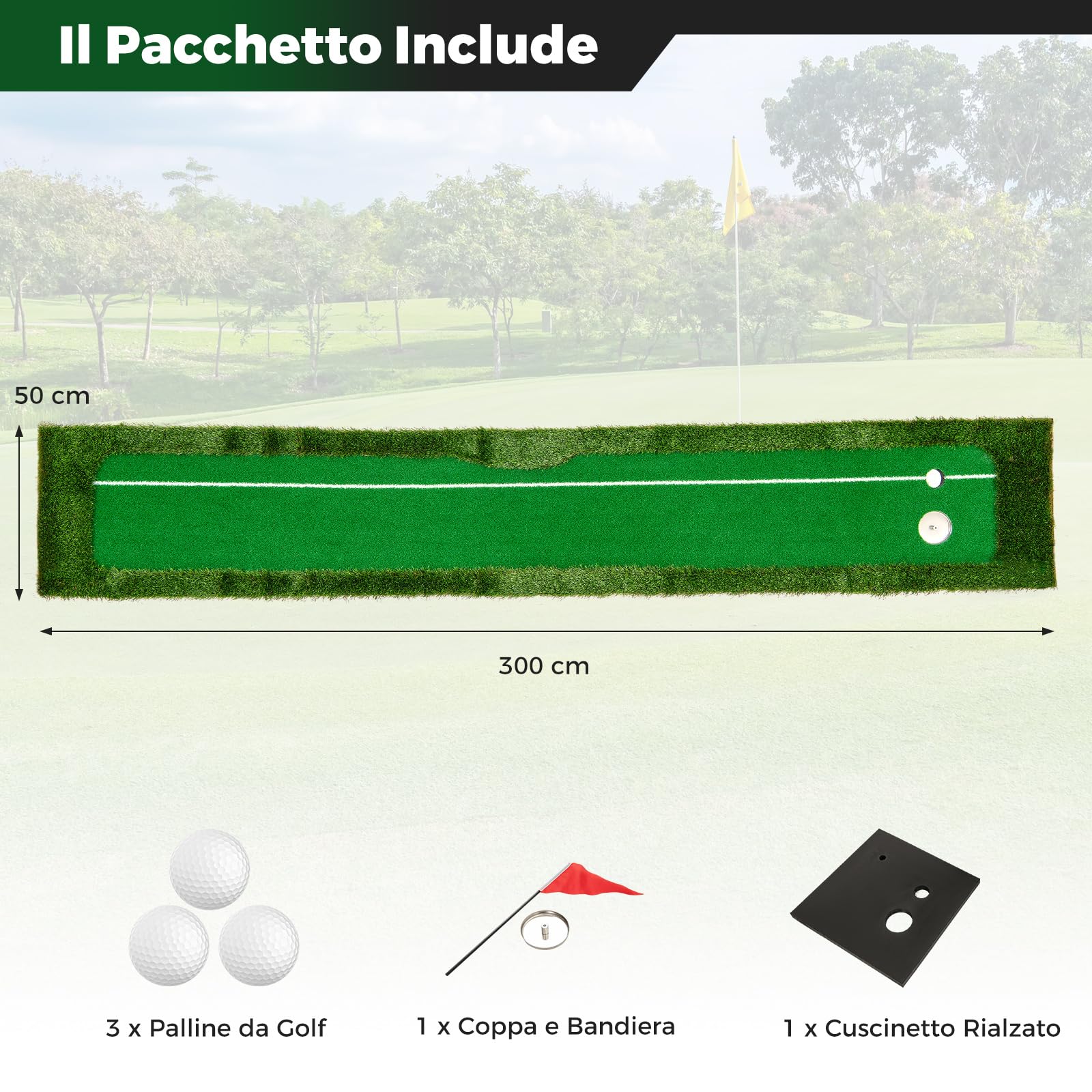 GYMAX Tappeto da Allenamento Golf 300 CM con 3 Palline, 2 Buchi, Green Artificiale, Tappeto da Putting Pong Antiscivolo per Casa, Ufficio