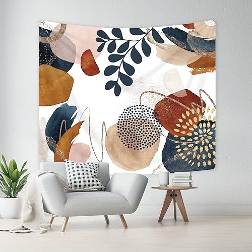 Miniatura 2 de KOMLLEX Tapiz bohemio de mediados de siglo de 59 pulgadas de ancho x 51 pulgadas de alto hojas modernas abstractas azul marino dorado para colgar en