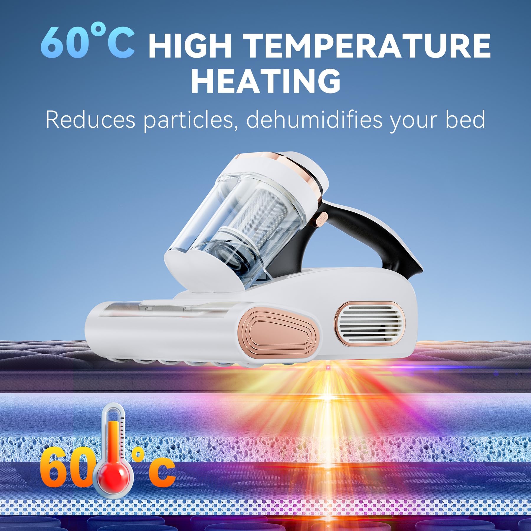 Aspiradora Antiacaros, 16Kpa Aspiradora Antiácaros con Luz UV, Elimina el 99,9% de los Alérgenos, para Colchones, Camas, Sofás y Muebles Tapizados
