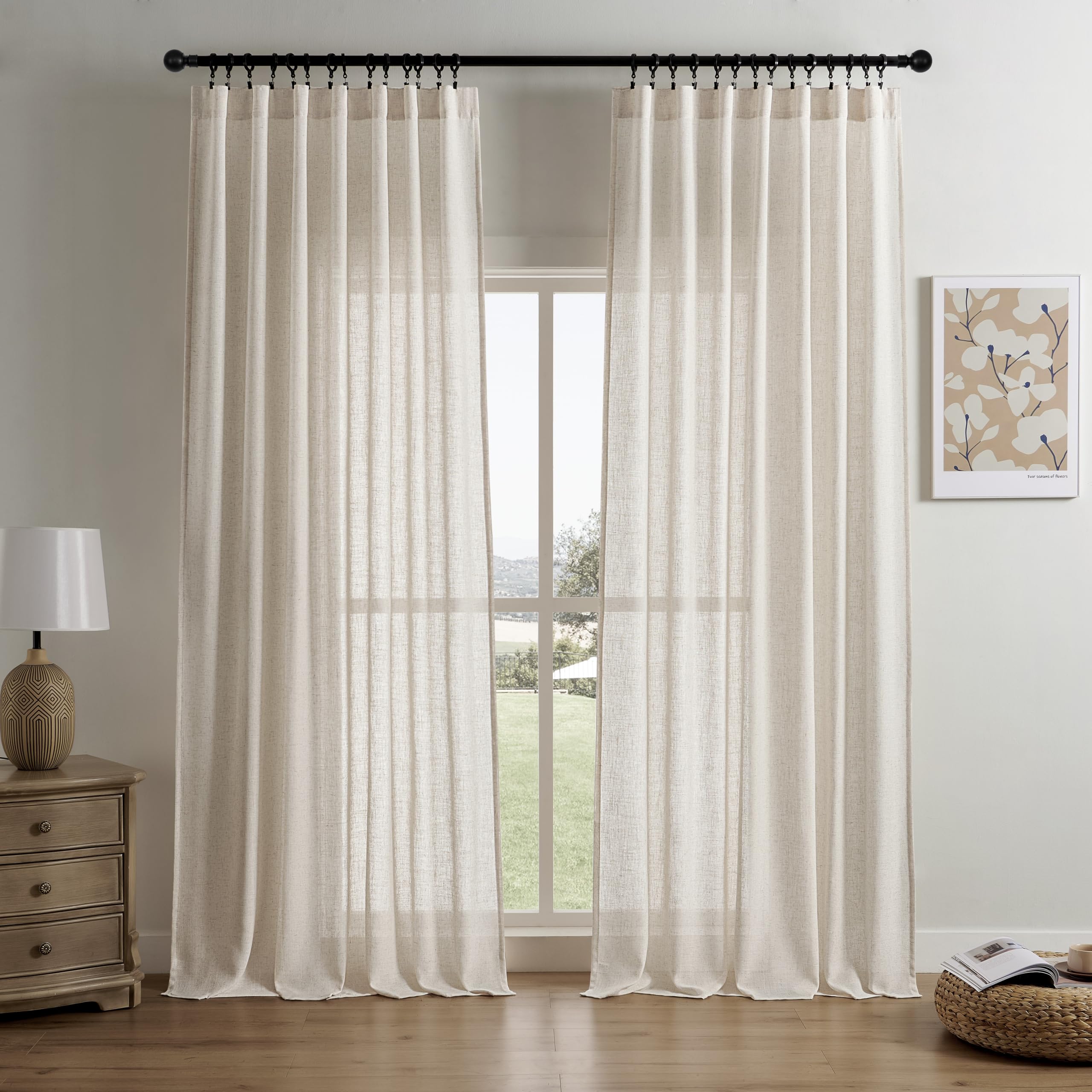 Joydeco Linen Curtains for Living Room,Semi-Sheer Curtains 96 Inches Long,Living Room Curtains 2 Panel Sets,Beige Curtains Pinch Pleated Curtains & Drapes(W52 x L96 Inch, Ecru)