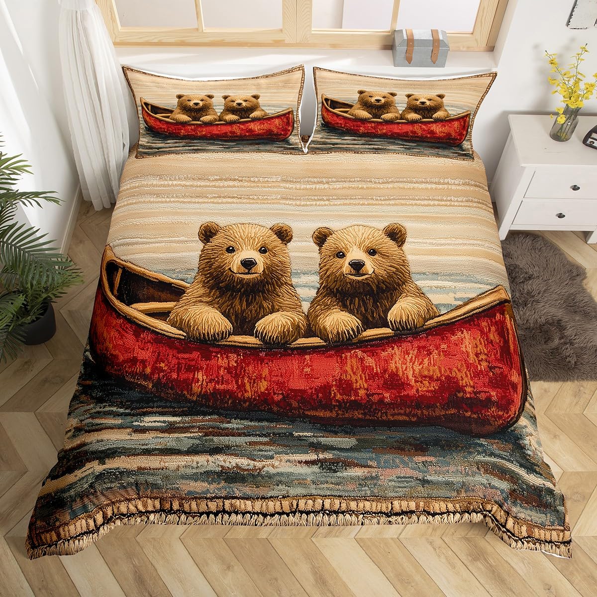 feelingyou Cute Bear Print Duvet Cover,Kids Bear Rowing Bedding Set,Lake House Comforter Cover for Boys Girls Room Decor,Boating Bedspread Cover Single Size with 1 Pillow Case(No Comforter) — image 1