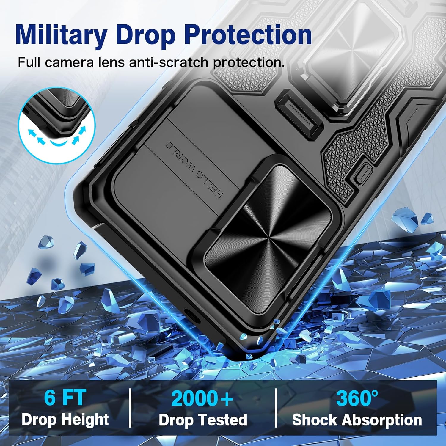 VEGO for Samsung Galaxy S25 Ultra Case, with Slide Camera Protector & Belt Clip Holster & 360°Rotatable Ring Kickstand Military Grade Heavy Duty Protection Cover - Black - Image 8