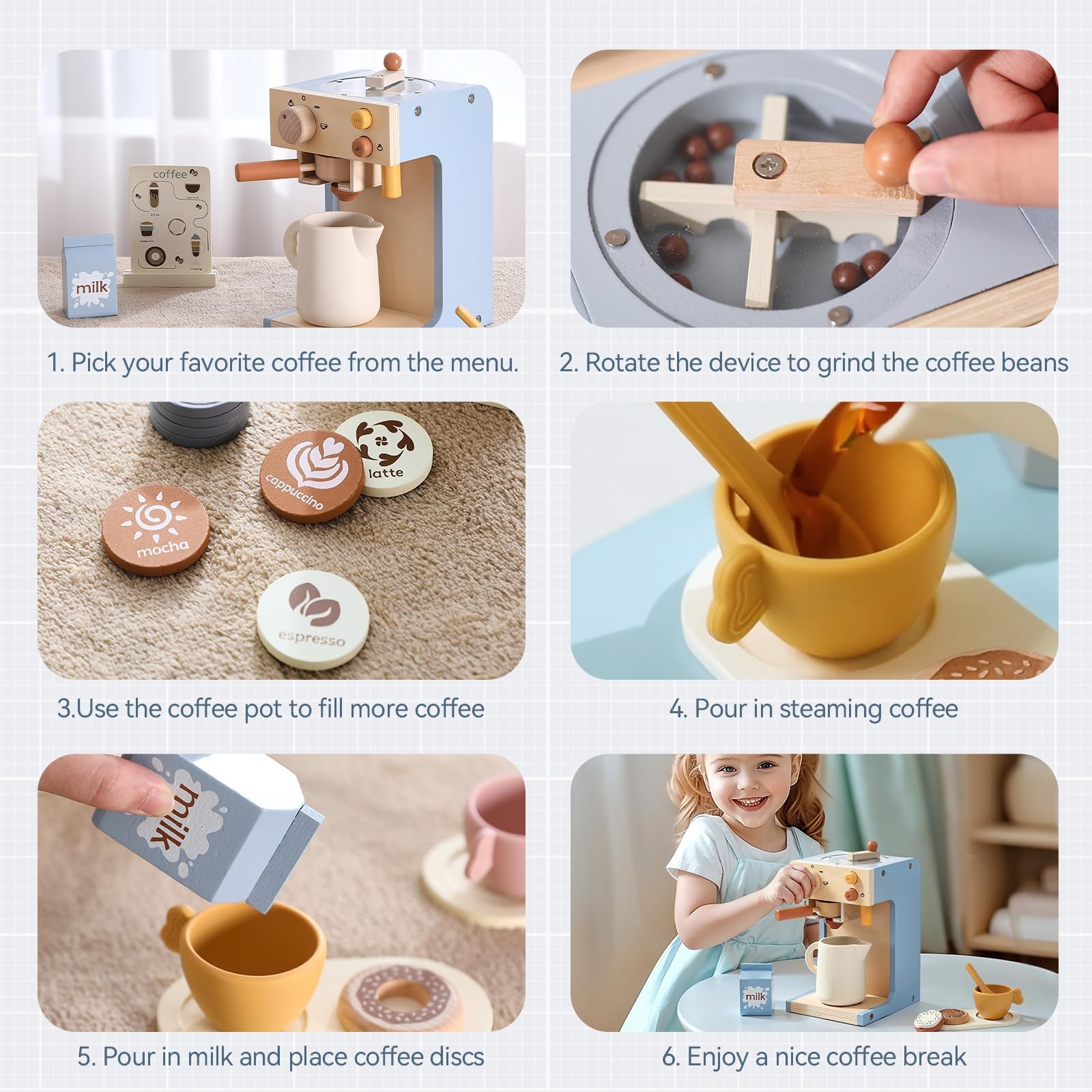 Kaffeemaschine Kinder mit Mühle, Siebträger, Kaffeehaus 22-Teilig HolzSpielzeugset, Espressomaschine Imitation Barista Kinder, Geeignet für Kleinkinder ab 3 Jahren