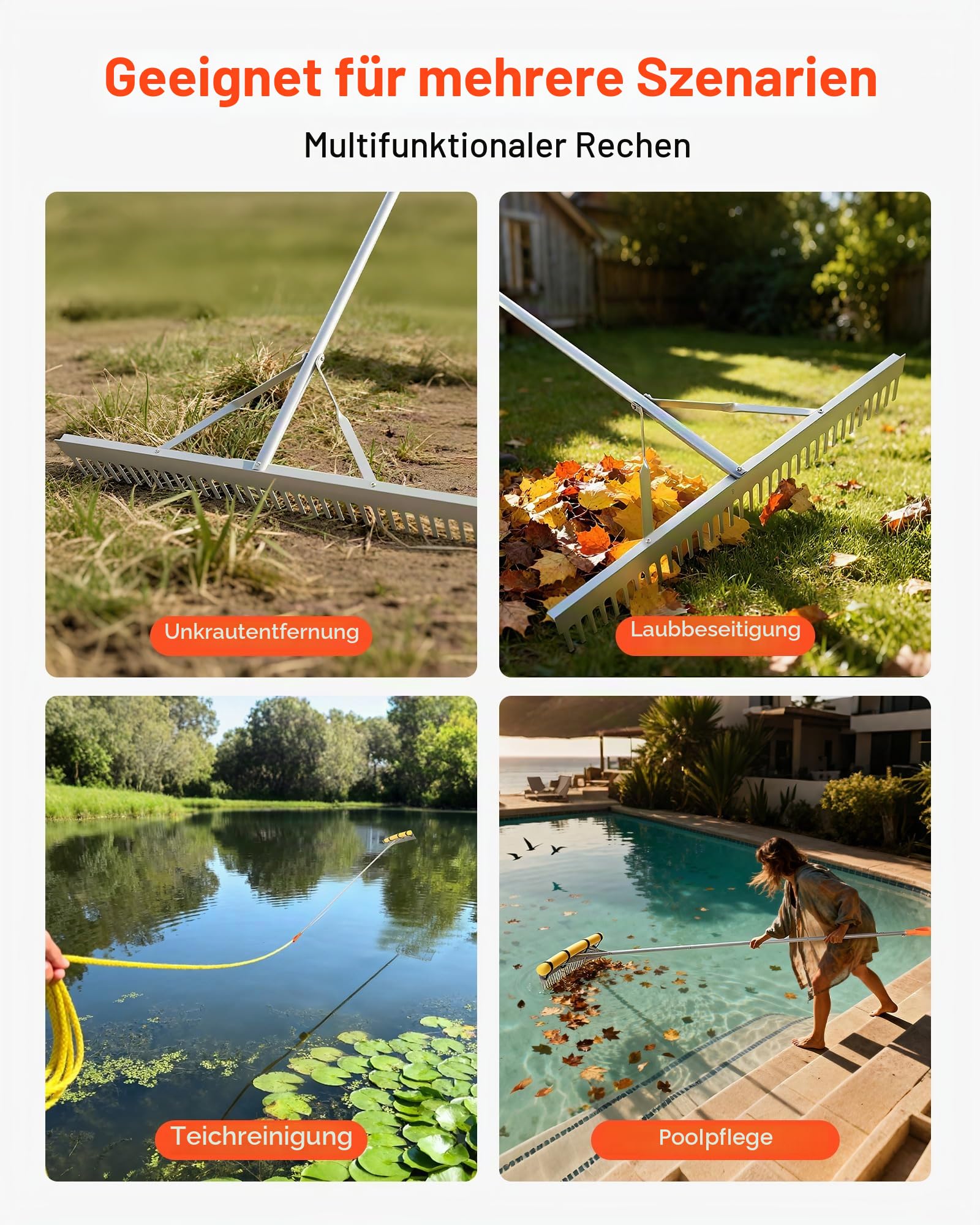 VEVOR Rechen Aluminium, 914 mm Kopf, 2590 mm Stiel, großes, Laubrechenwerkzeug für die Landschaftsgestaltung, Gartenrechen zum Auflockern von Erde, Garten & Hof, Teichkies & Strandrasenpflege