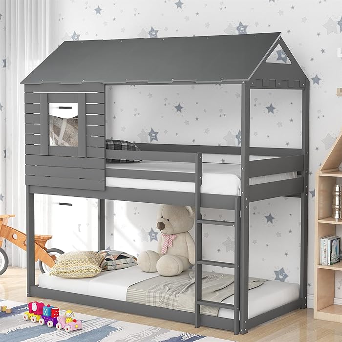 Buy House Bunk Bed Twin Over Twin Wooden Bunk Bed with Roof, Wood House