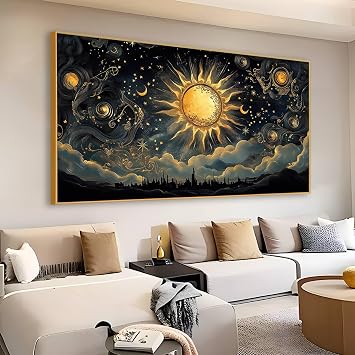 Boho Sun and Moon Canvas Wall Art, Abstract Mid Century Sun Canvas Print, Boho Sun Wall Art, Sun and Moon Print, Sun Canvas Picture, Mid Century Wall Decor, Living Room Wall Decor Gold Framed, 30"x17" | 76x43cm