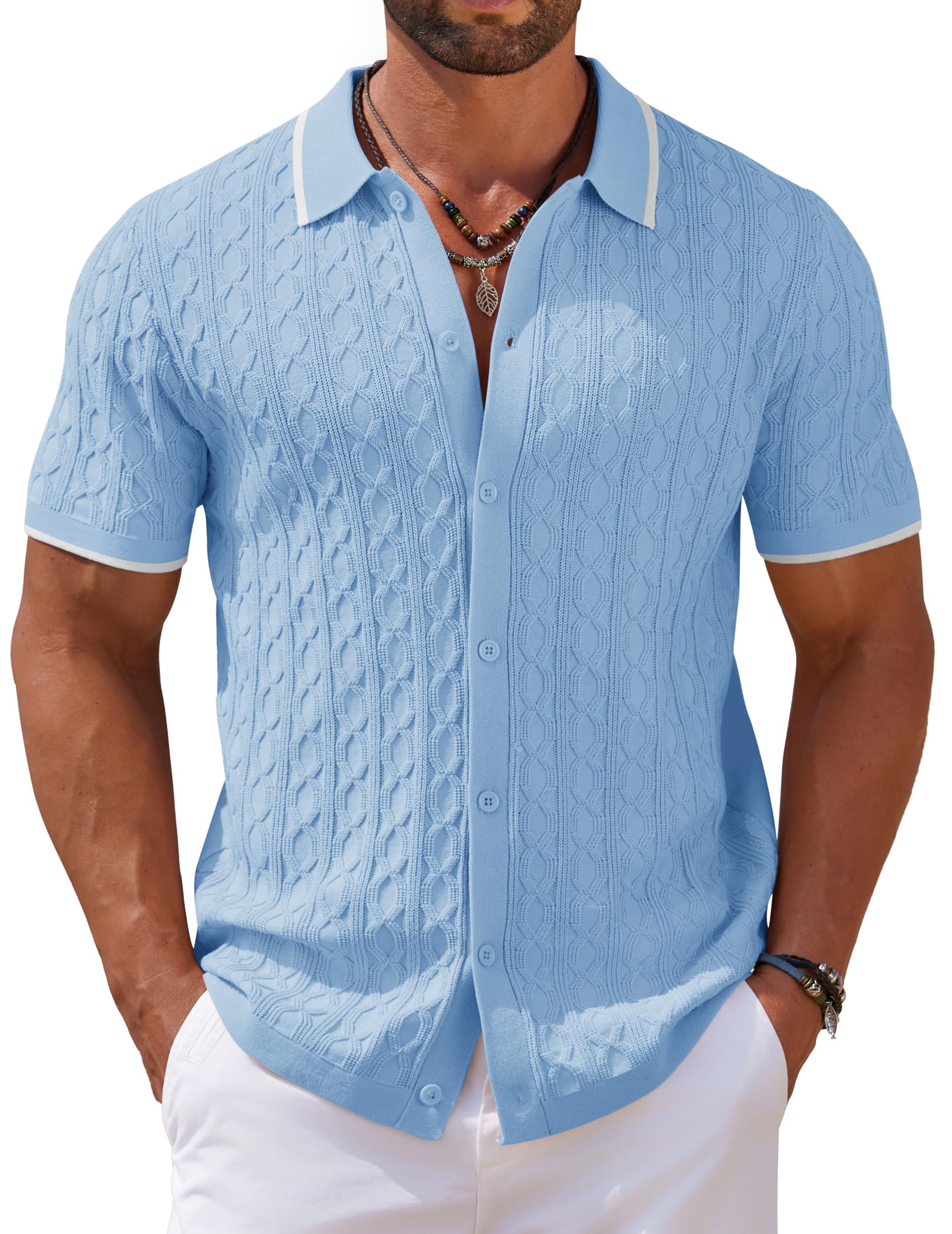 COOFANDY Men's Knit Short Sleeve Shirts Button Down Vintage Knitted Polo Shirt Casual Beach Crochet Cable Vacation Shirt