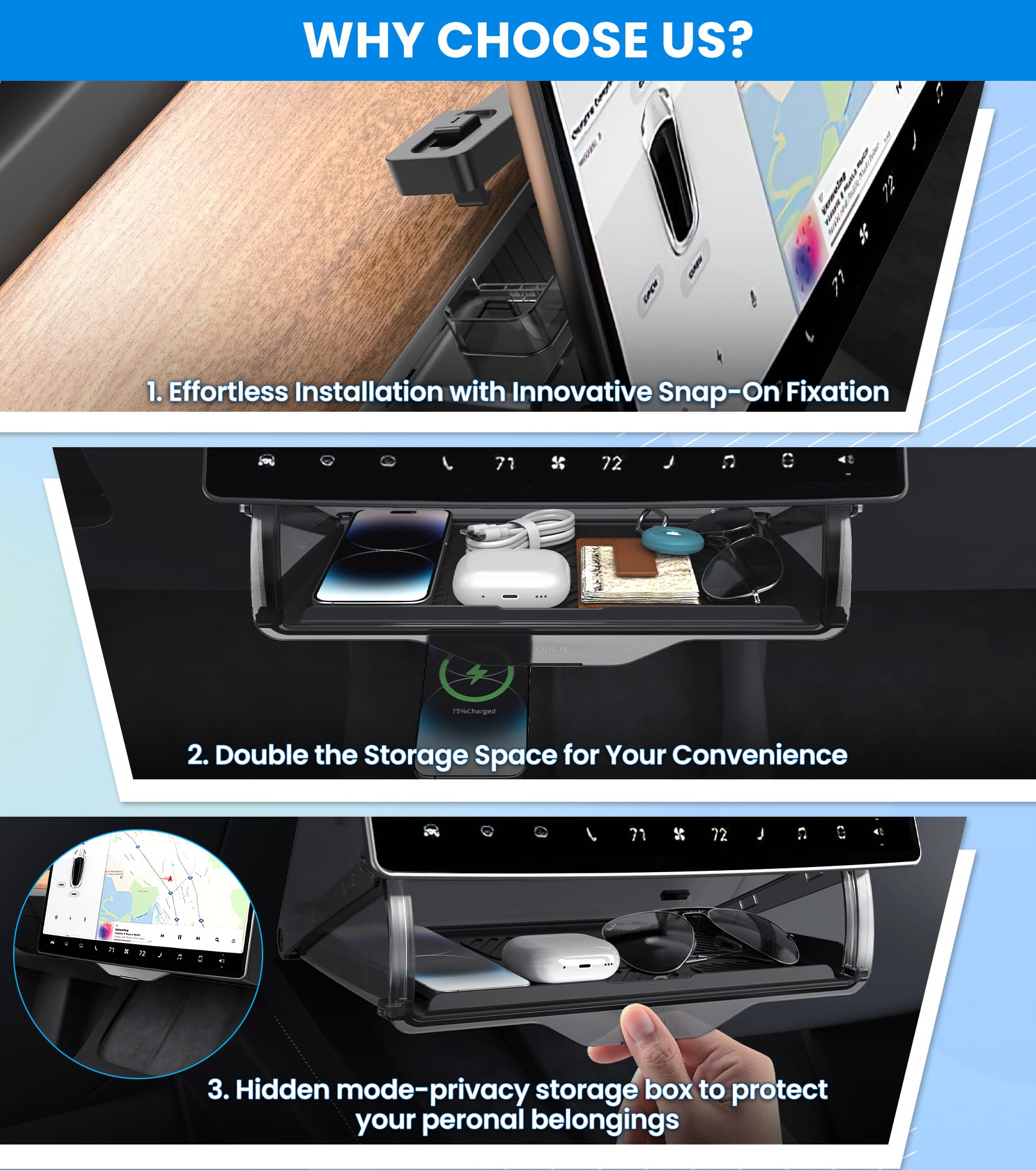 Scatola portaoggetti nascosta sotto lo schermo per Tesla, organizer per console centrale con cuscinetto in silicone antiscivolo nero Accessori per Tesla Model Y Model 3 2023 2022 2021 Vassoio