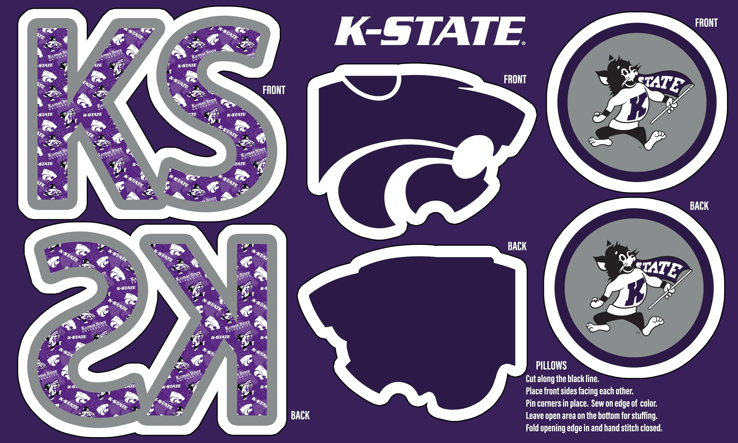 Official Licensed Kansas State University Minky DIY Pillow Project. Cut, Sew, and Stuff-Each Panel yields 3 Pillows