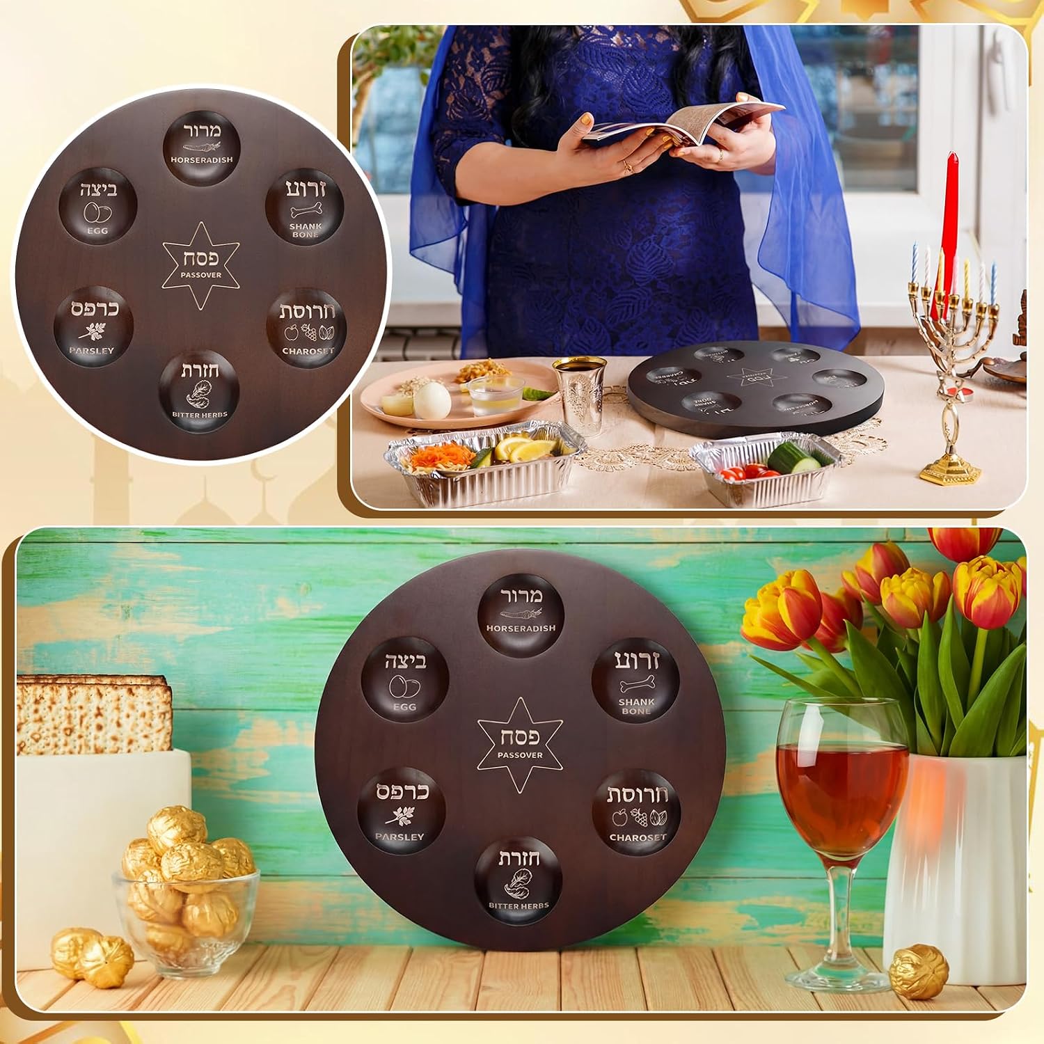 12 Inch Wooden Passover Seder Plate with Hebrew פסח and English Etched Design with Sections for Seder Ceremonial Foods Passover Jewish Party Pesach Table Traditional Judaism Decoration