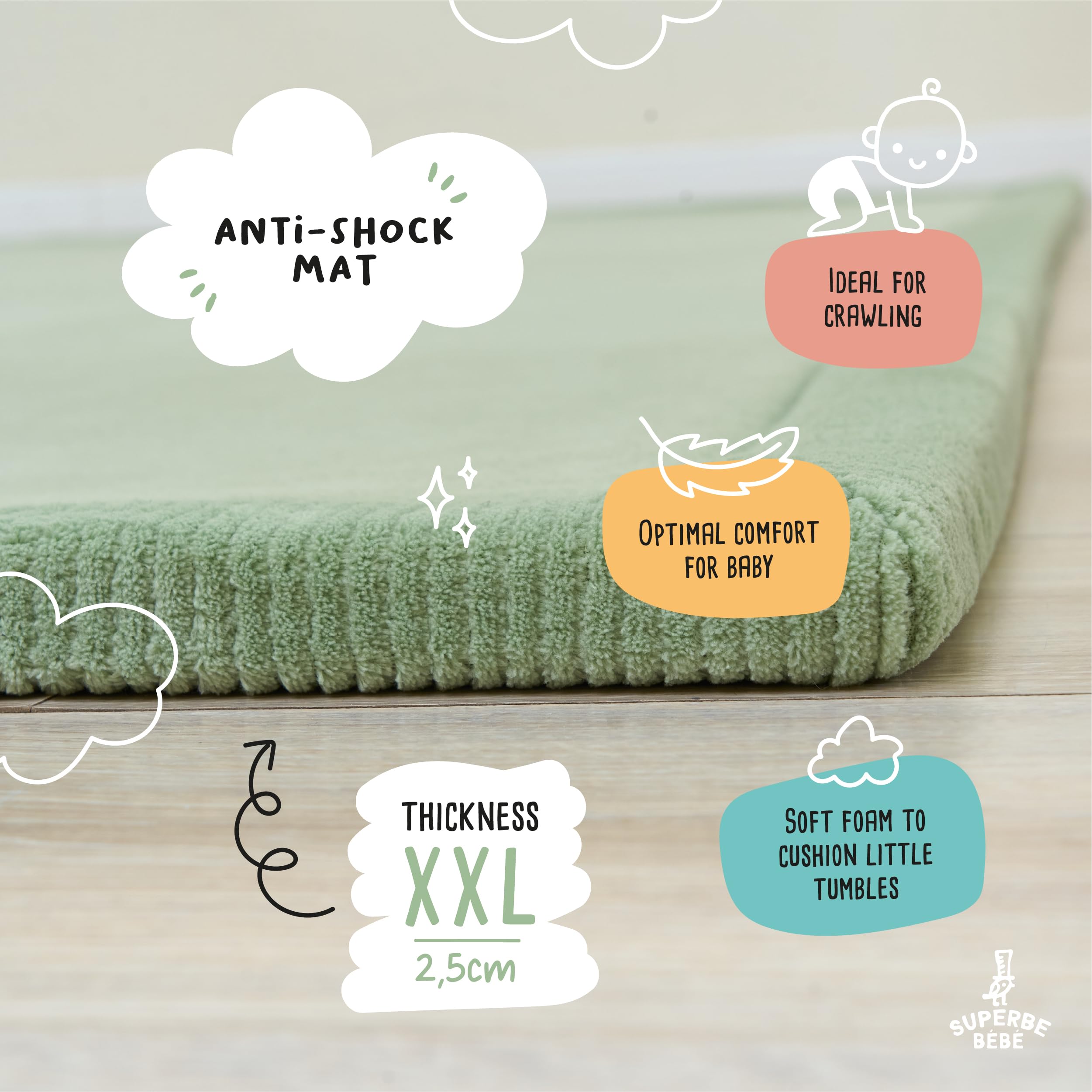 SUPERBE BEBE - Baby Speel - Kruipmat 150 × 200 × 2,5 cm - Dik a Schoka Absorpcja - Niet-toksyczna pianka z pamięcią z certyfikatem Oeko-Tex - Speelmat voor Baby- en Kinderkamer - Elegancki design