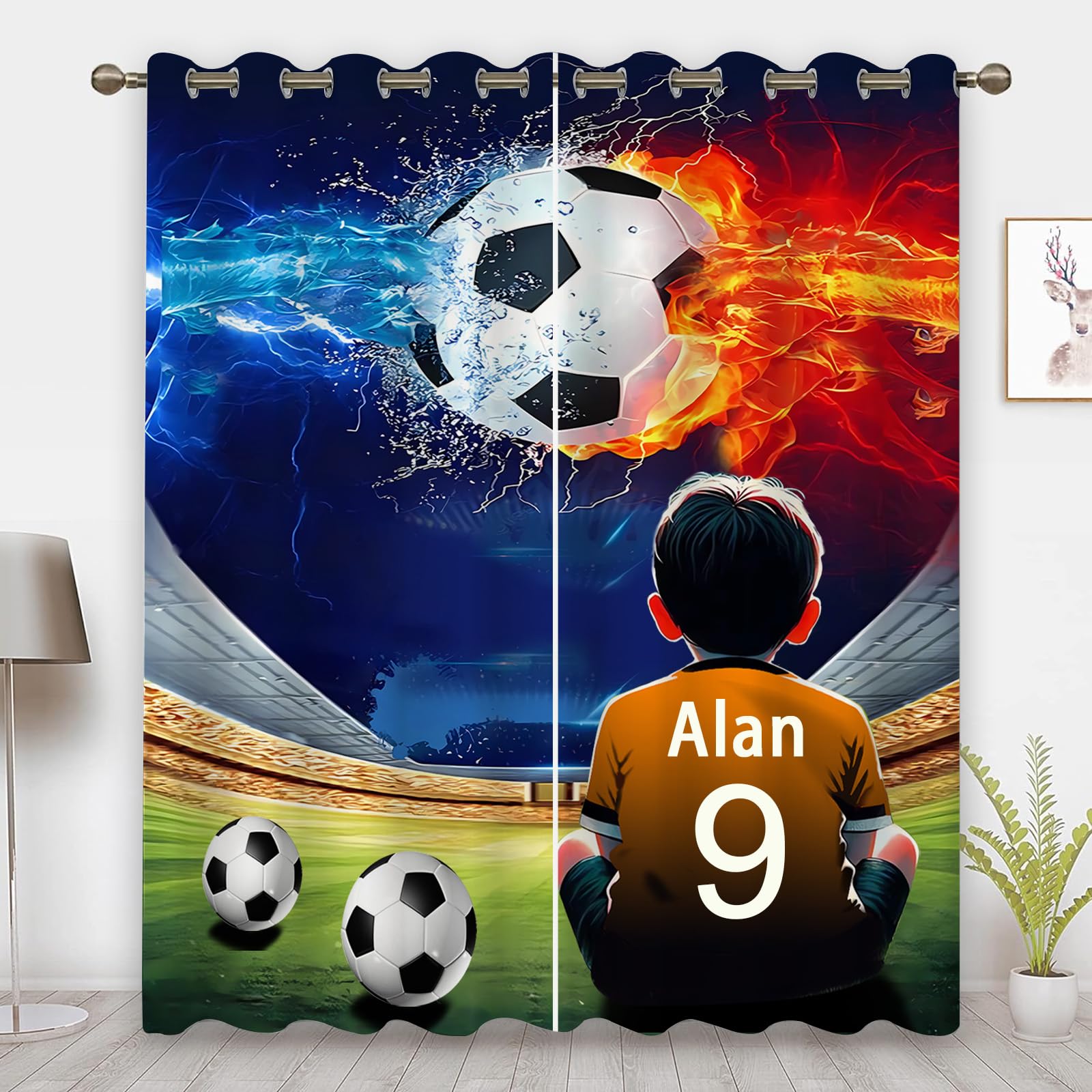 CHEFFS Cortinas opacas de fútbol con ojales, personalizadas, para niños (1150 x 166 cm)