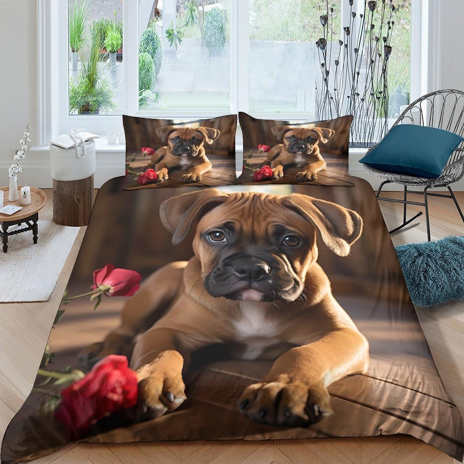 Ctjqhvkz Style-8 3D Printed Brown Puppy Fitted Sheet Microfiber Red Rose Mattress Cover For Bedroom Guest Room Dorm Decor Single（135X200cm）