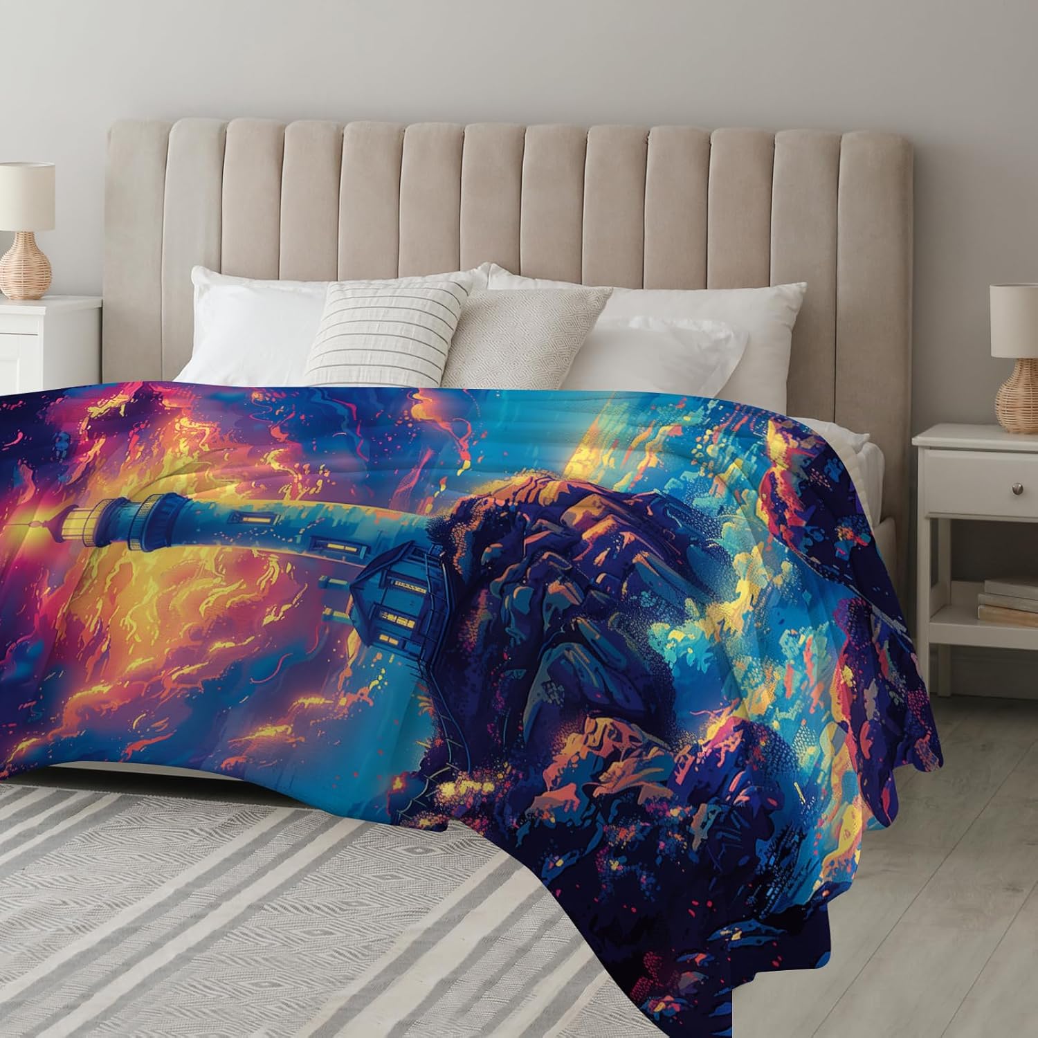 Magic Lighthouse Blanket, Colorful Seaside Landscape Throws, Soft Fleece Flannel for Bed & Sofa, 50"x40" - Image 2