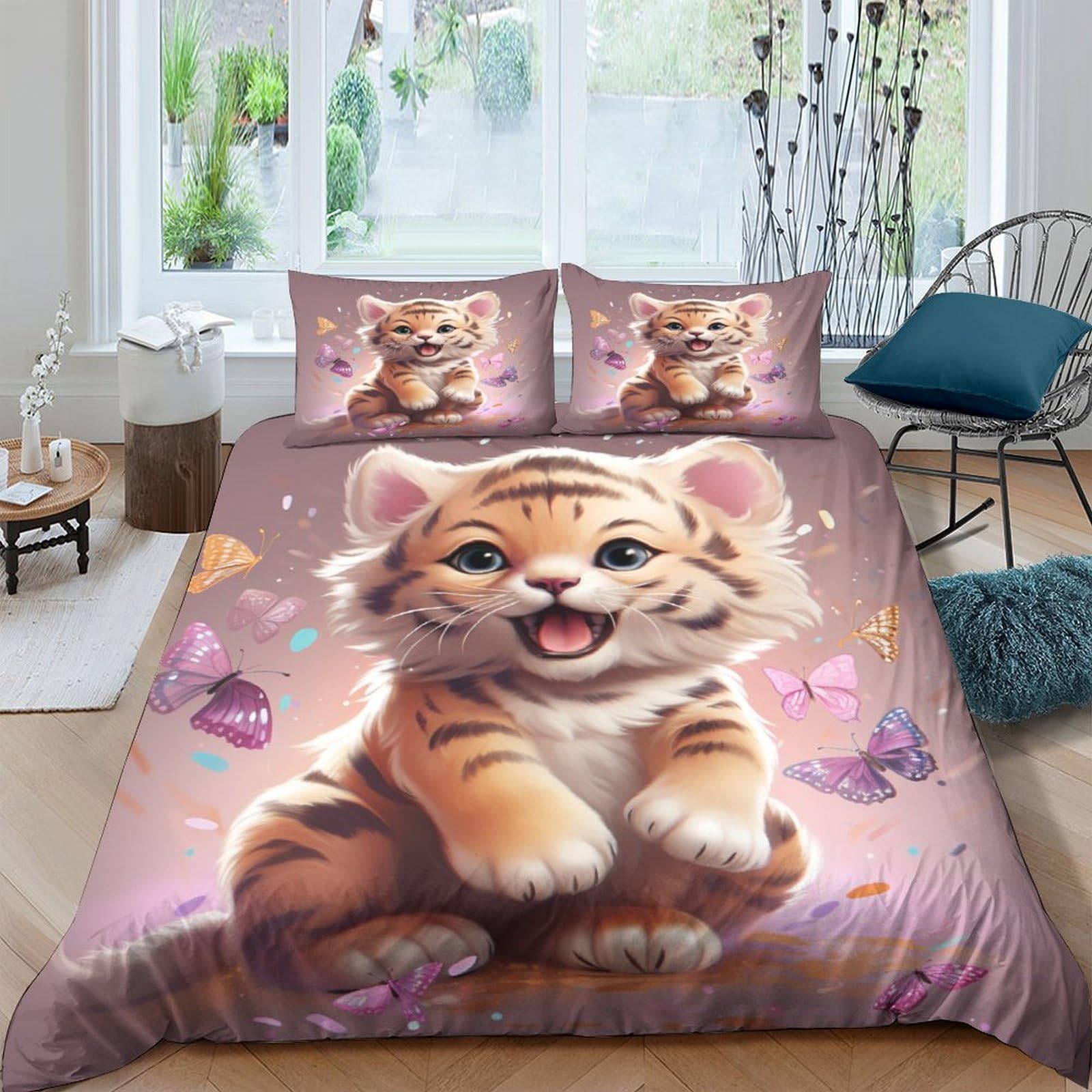 Parure de lit double tigre 3D en microfibre anti-plis et hypoallergénique avec housse de couette