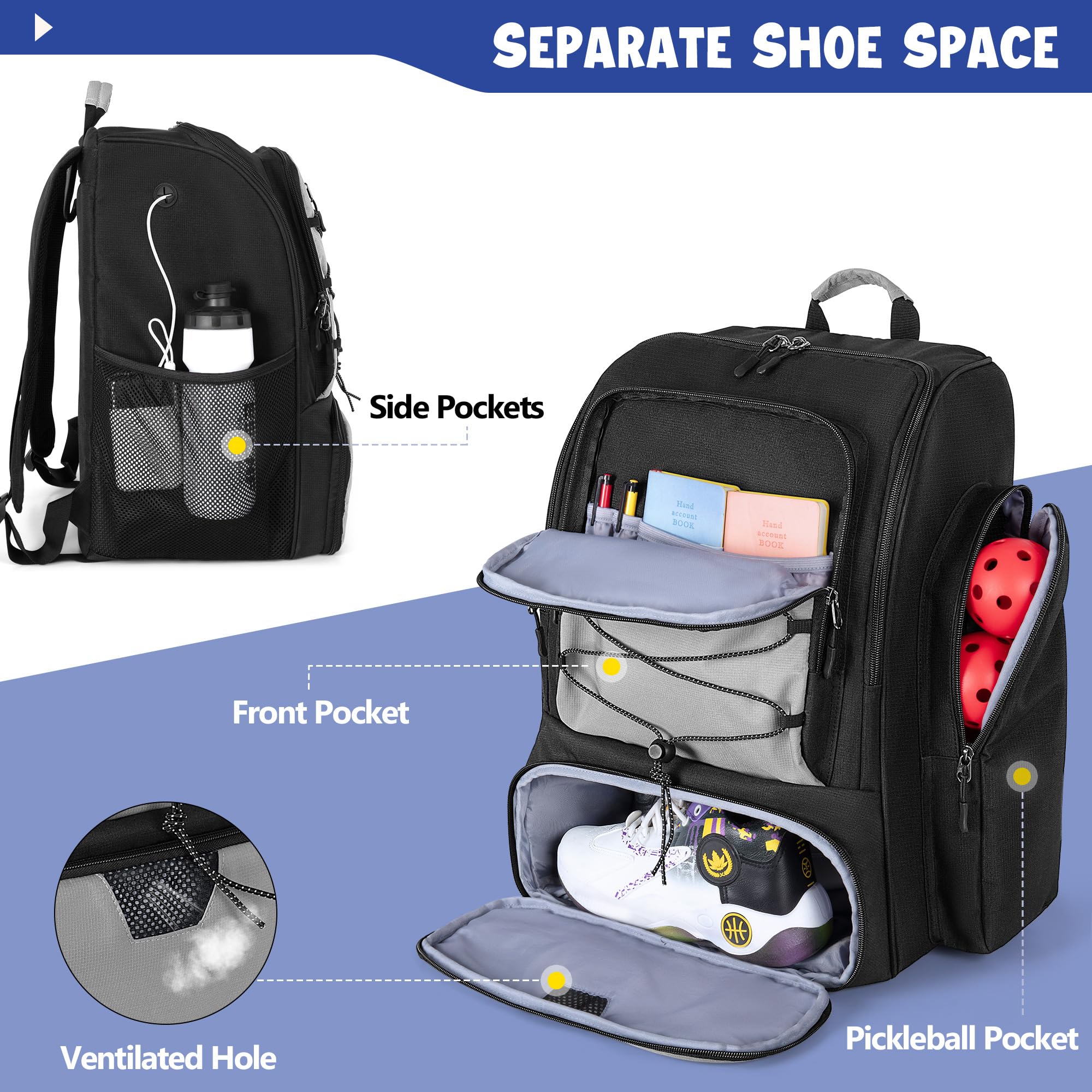 GOBUROS Sac de Pickleball Pour 4 Raquettes Avec Compartiment à Chaussures, Sac à DOS de Pickleball Avec Crochet de Clôture Pour Accessoires de Pickleball
