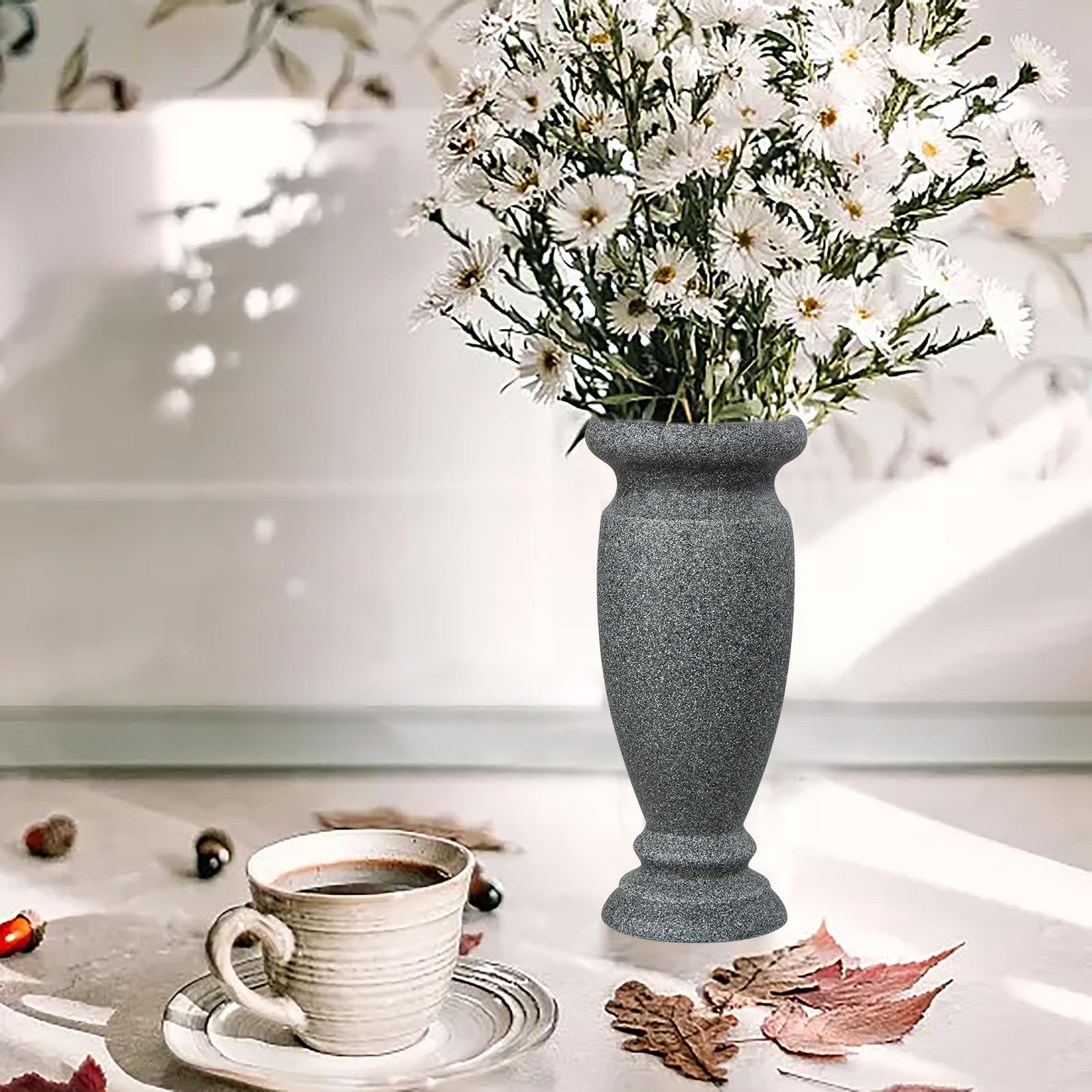 Jarrón de cementerio, jarrón de resina para tumba, para mesa del hogar, flores artificiales o frescas, decoración de lápida de tumba de cementerio (2 piezas, gris), flor no incluida, sin agujero de