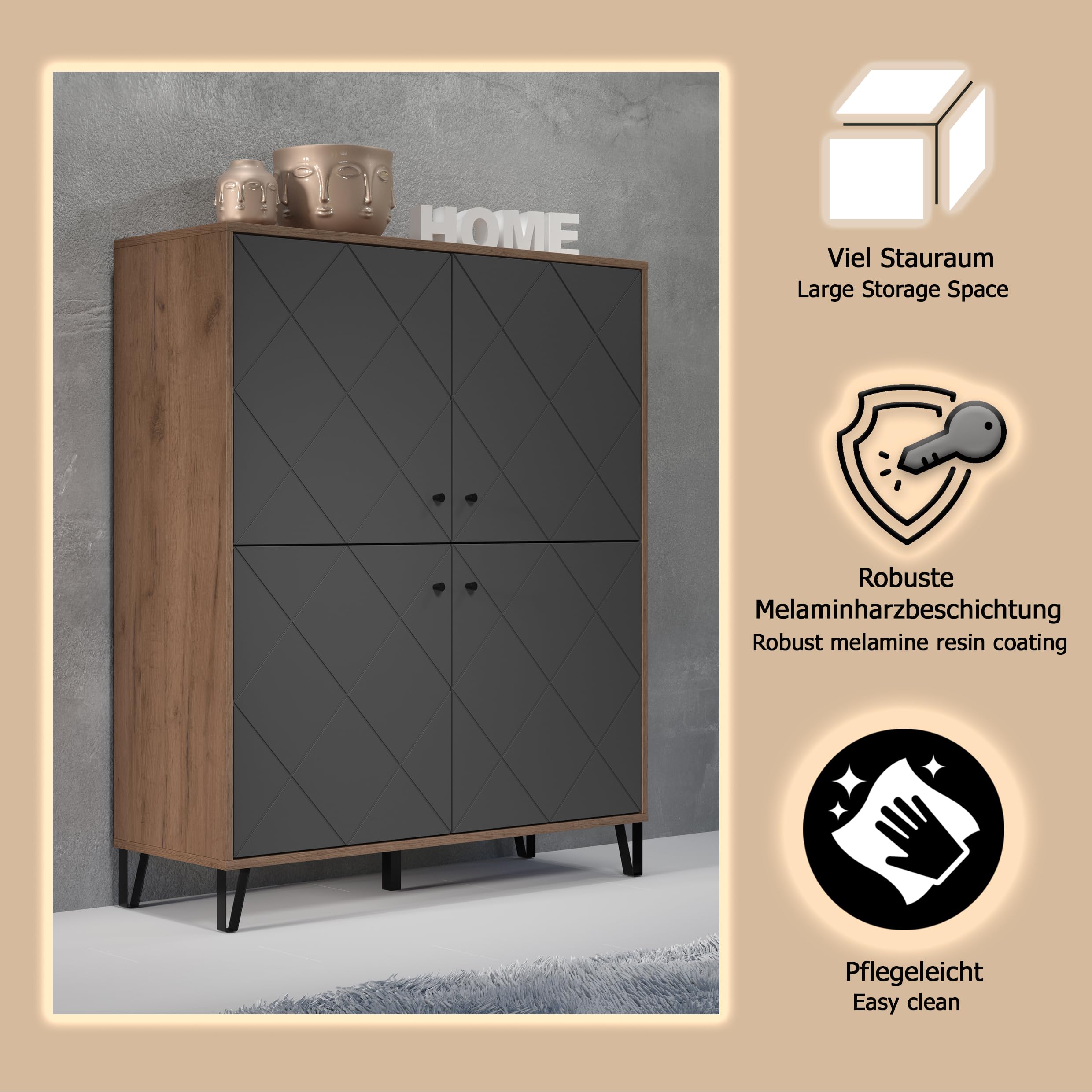 trendteam smart living - Montez - Sideboard - Grau/Eiche - Highboard mit 4 Türen und 4 Einlegeböden - (BxHxT) 123 x 136 x 40 cm - Front mit Rautenoptik, Soft-Close