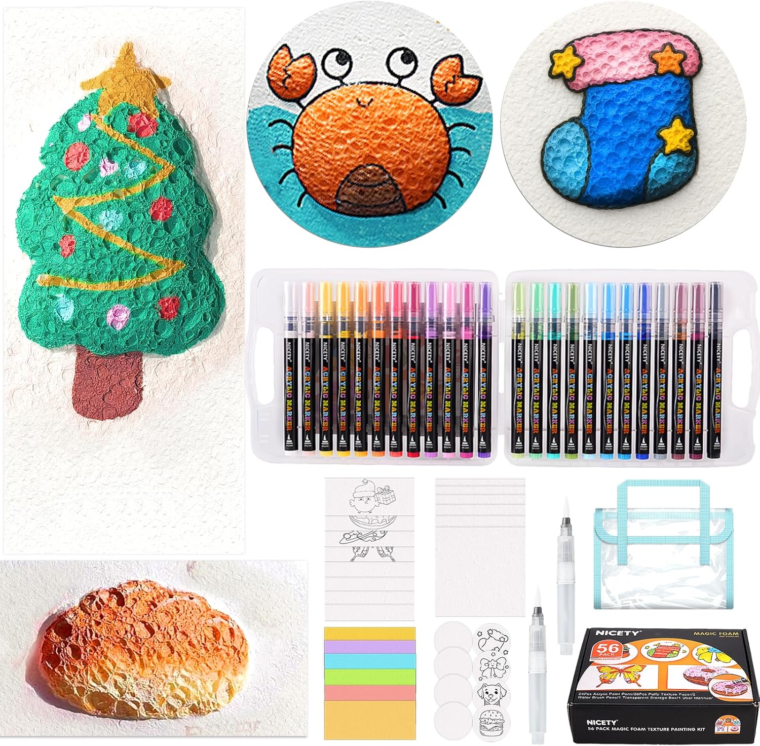 NICETY Magic Foam Texture Painting Kit, 56 Pack 3D Art Set with 24 Acrylic Paint Pens, 28 Puffy Texture Paper, 2 Water Brush Pens, Transparent Storage Box – Aqua Puffs Effect Magic Paint Set