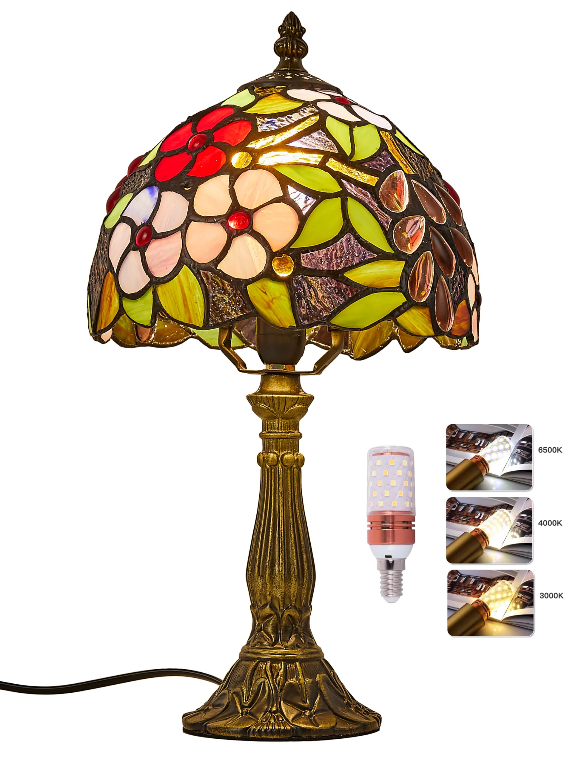 Vintage Pastoral Gorgeous Grapes Flowers Stained Glass Tiffany Style Table Lamp Bedroom Lamp Bedside Lamp Children's Lamp(Color:8Inch)